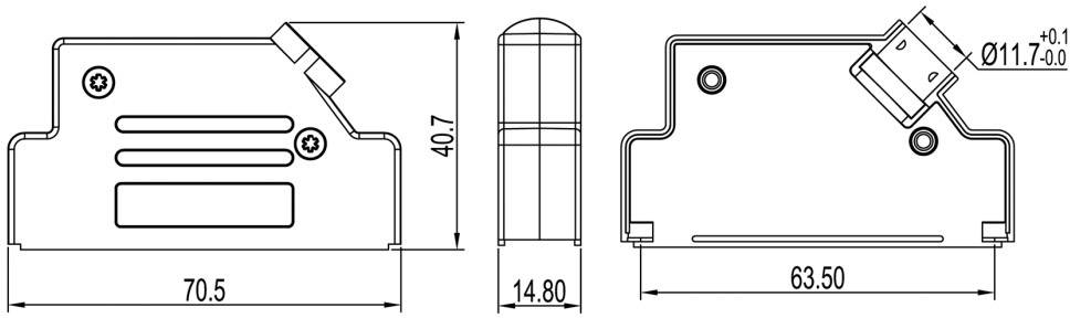 Rysunek techniczny prostokątnego elementu z wymiarami. Widok z boku: długość 70,5 mm, wysokość 40,7 mm. Widok z przodu: szerokość 63,5 mm, wysokość 14,8 mm. Ujęcie kątowe w górnym prawym rogu, średnica 11,7 mm.