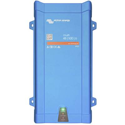 Niebieskie urządzenie z napisem 'victron energy multi 48 | 500 | 6'. Posiada kontrolkę u dołu i logo w lewym górnym rogu.