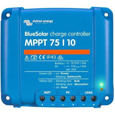 Niebieski solarny regulator ładowania z napisem 'BlueSolar ładowarka MPPT 75 I 10'. Diody LED wskazują aktualny stan pracy.