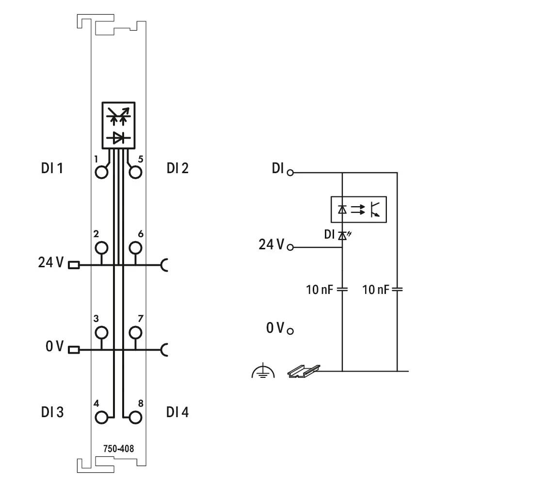 Schemat elektryczny modułu elektronicznego. Po lewej: złącza DI1 do DI4, 24V i 0V. Po prawej: rezystory, kondensatory i symbole diod.