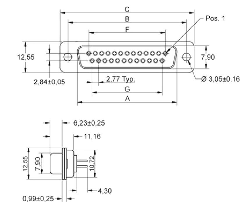 Rysunek techniczny wtyczki D-Sub z wymiarami: otwory mocujące Ø 3,05 ±0,16 mm, długość C 30 mm, szerokość F 12,55 mm, 25 pinów.