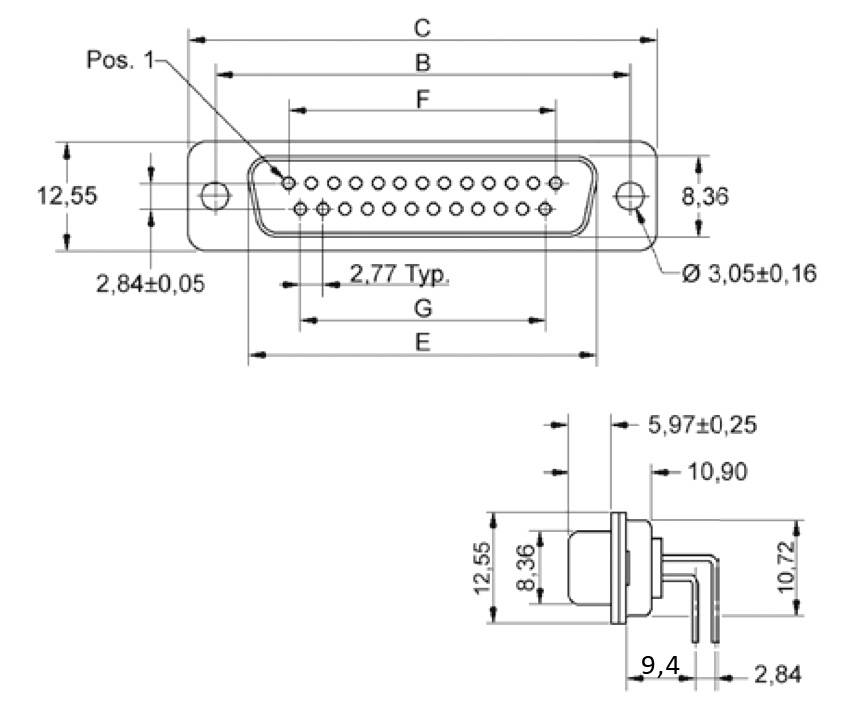 Diagram złącza: przedstawia wymiary w mm z widokiem z góry na prostokątne pozycje złącza oraz widok z boku głębokości połączenia.