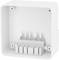 Biała, pusta puszka przyłączeniowa z otworami montażowymi i zaciskiem do prowadzenia przewodów elektrycznych. Kształt prostokątny.