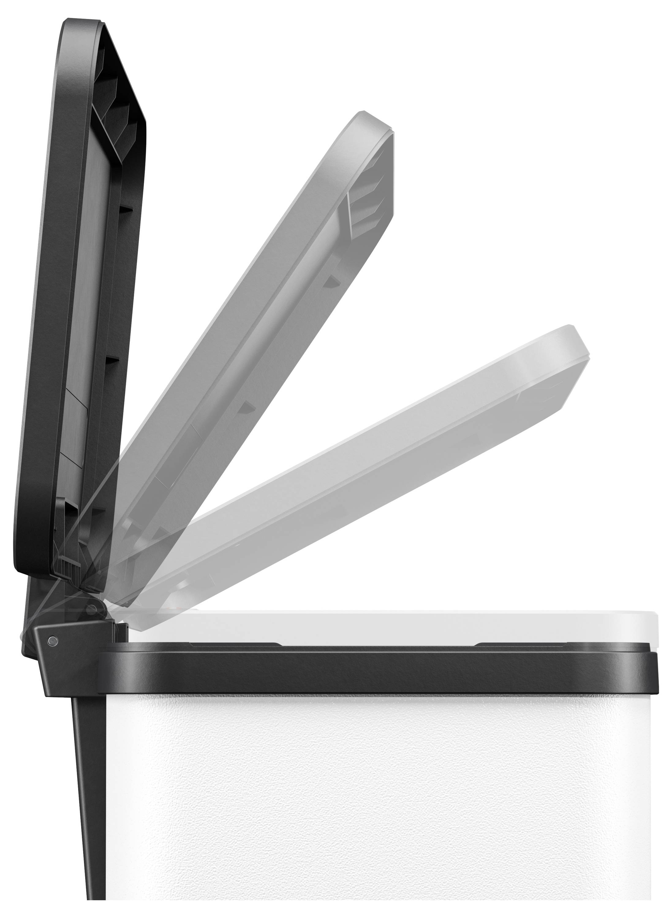 Biały kosz na śmieci z czarną pokrywą, przedstawiony w trzech pozycjach: zamknięty, częściowo otwarty i całkowicie otwarty.