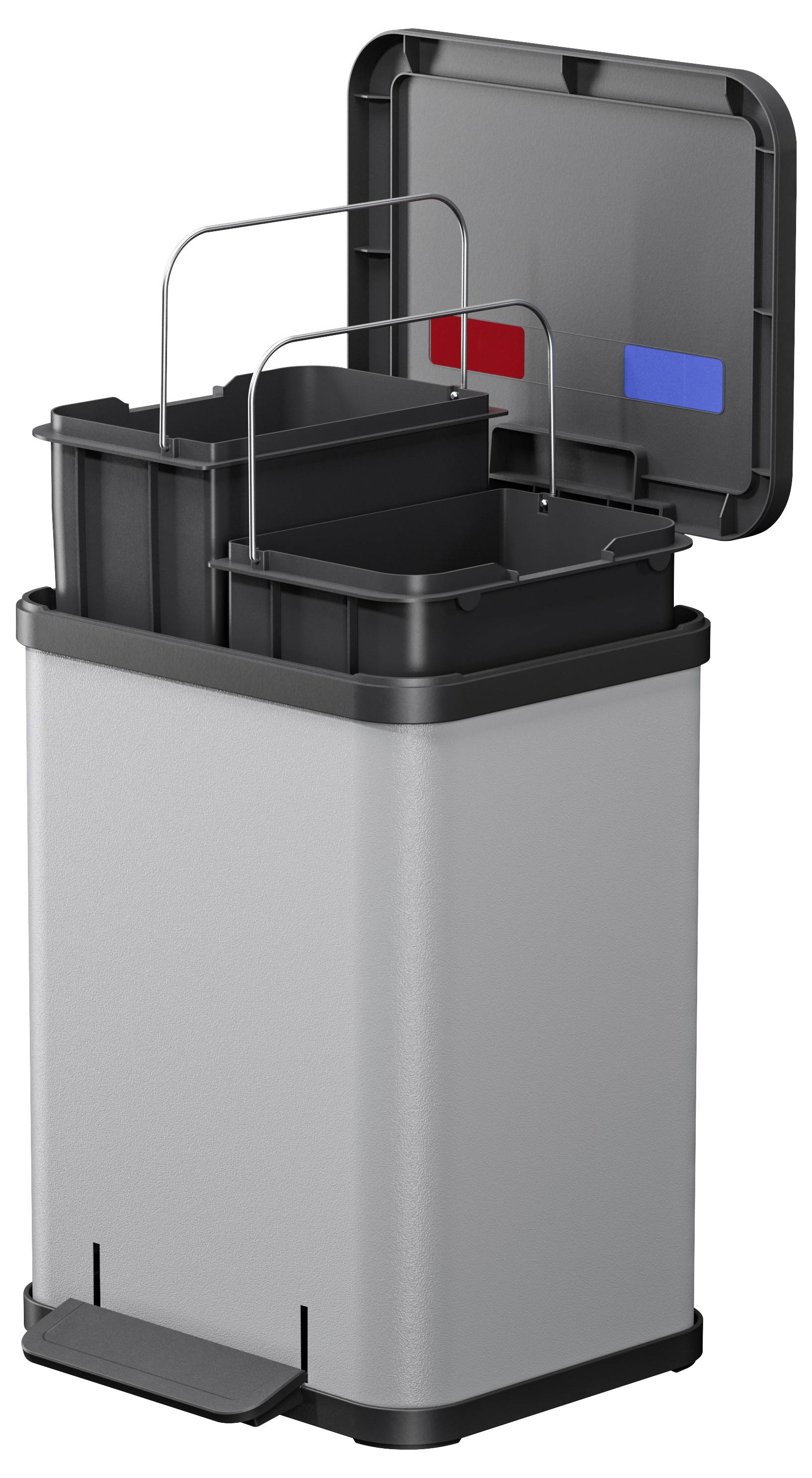 Srebrny kosz na śmieci z dwoma wyjmowanymi czarnymi pojemnikami, z których każdy zawieszony jest na czerwonym i niebieskim uchwycie.