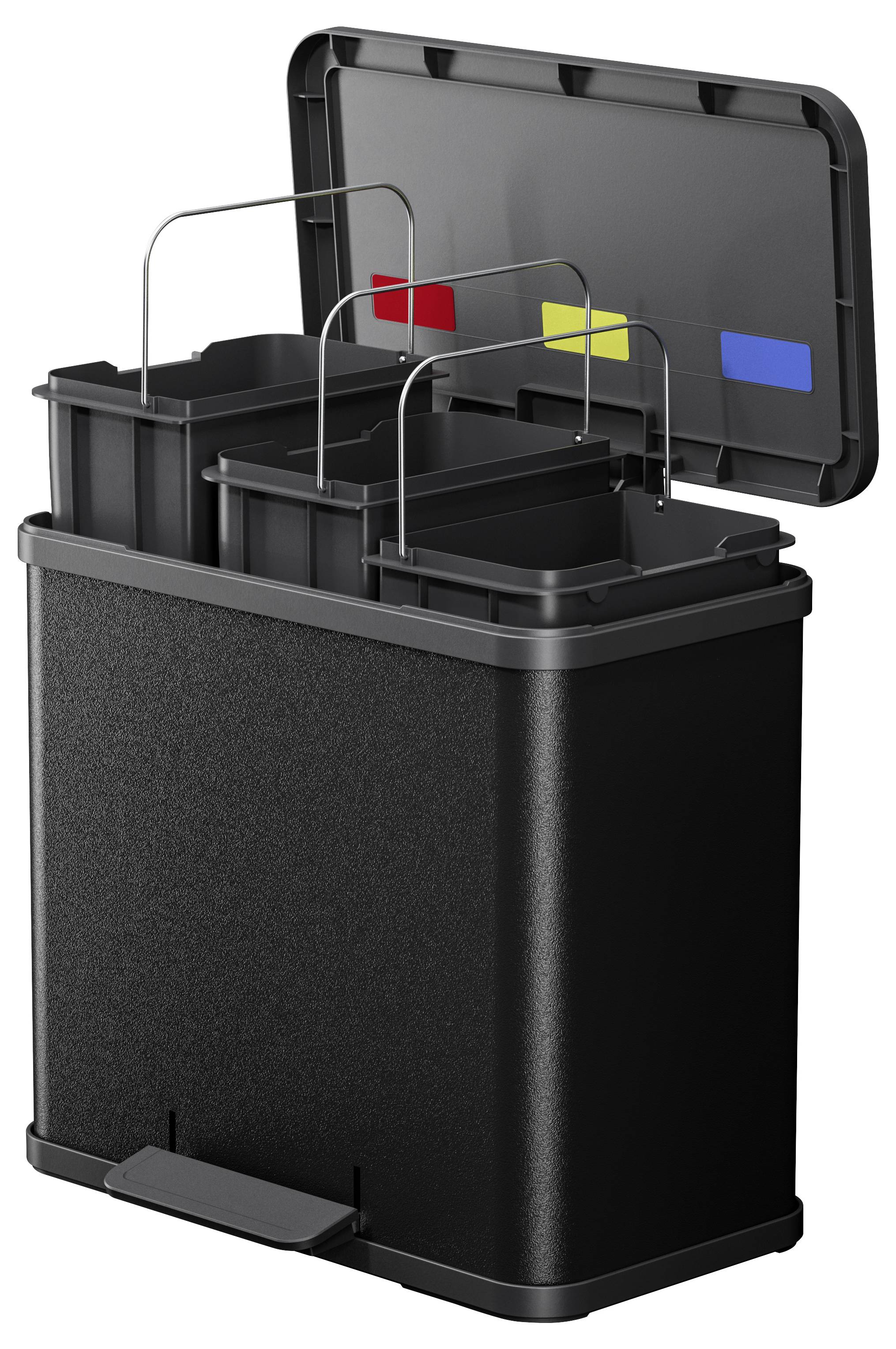 Czarny kosz na śmieci z trzema komorami, otwarty. Pokrywa pokazuje kolorowe etykiety: czerwoną, niebieską i żółtą do segregacji odpadów.
