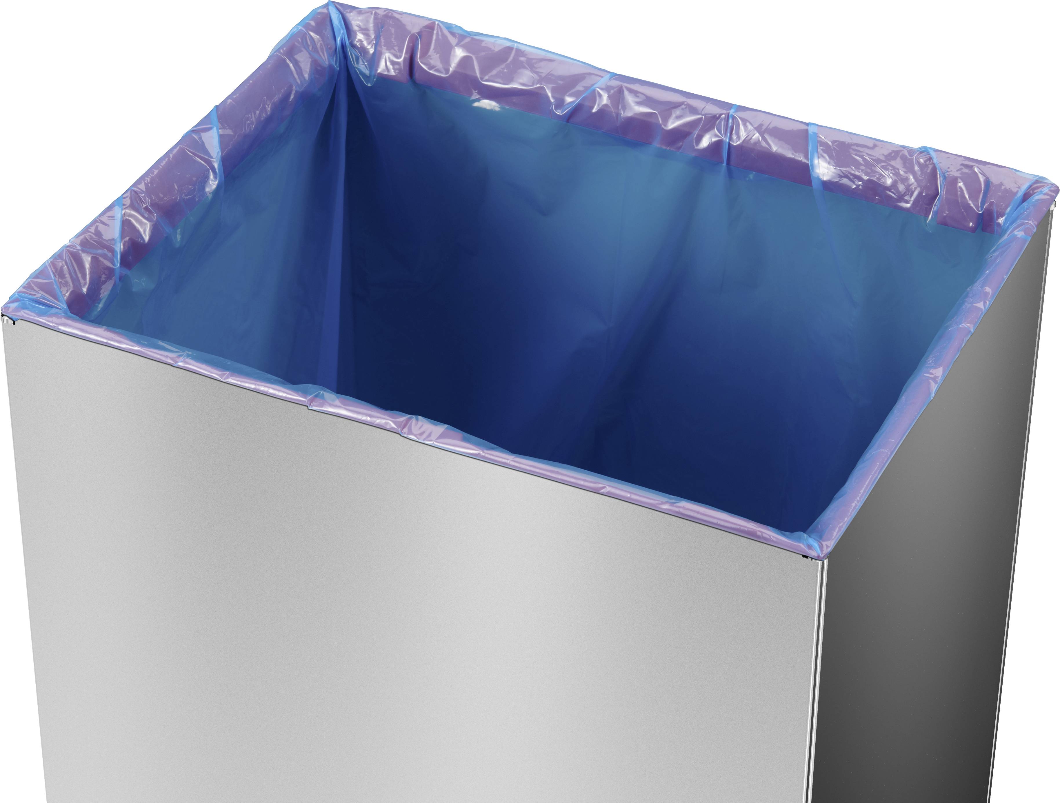 Kosz na śmieci ze stali nierdzewnej z niebieskim workiem plastikowym, widok z góry. Idealny do utylizacji odpadów w kuchni lub biurze.