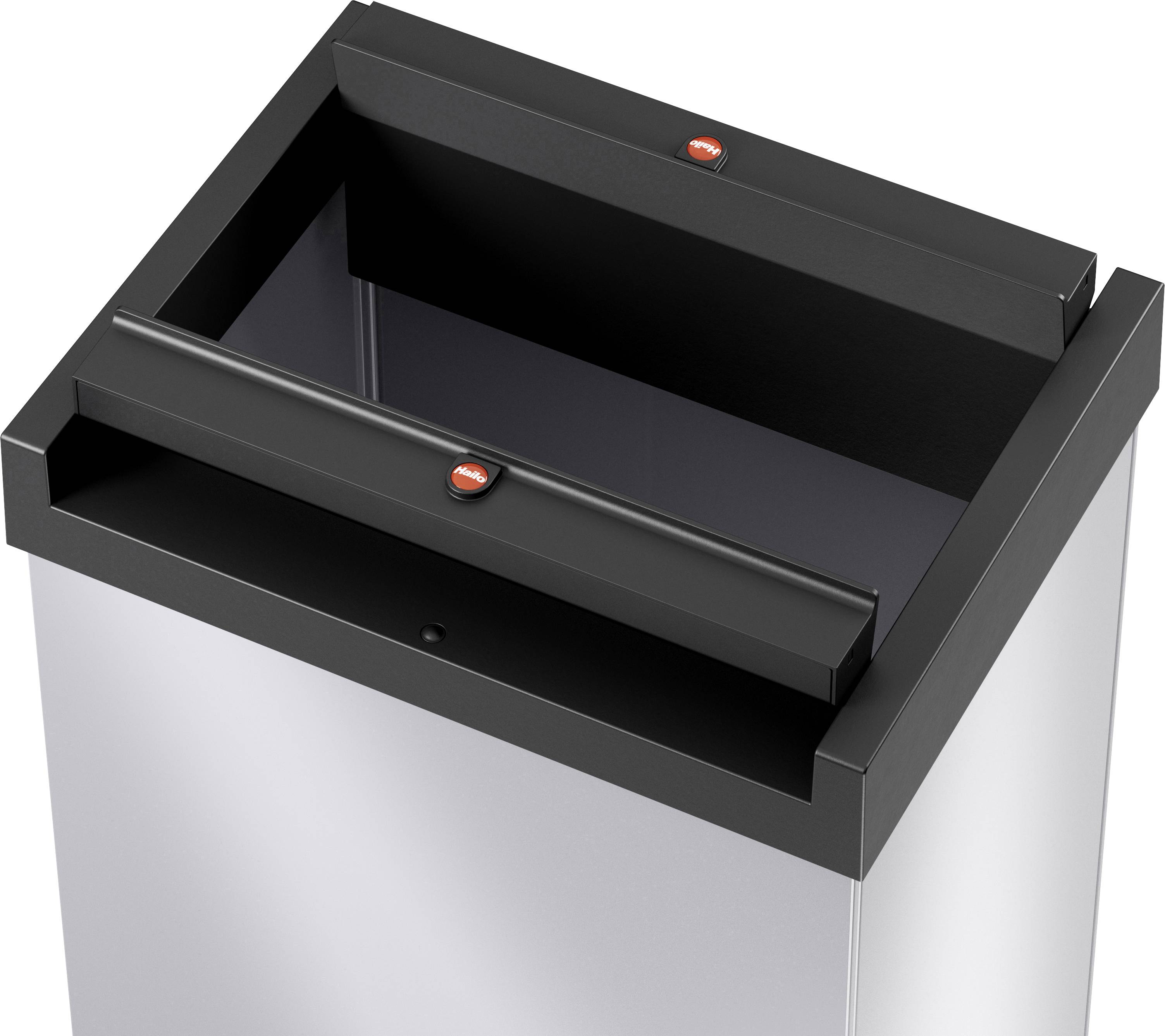 Metalowy kosz na odpady z otwartą pokrywą i prostokątnym otworem, odpowiedni do użytku wewnętrznego i w miejscach publicznych.