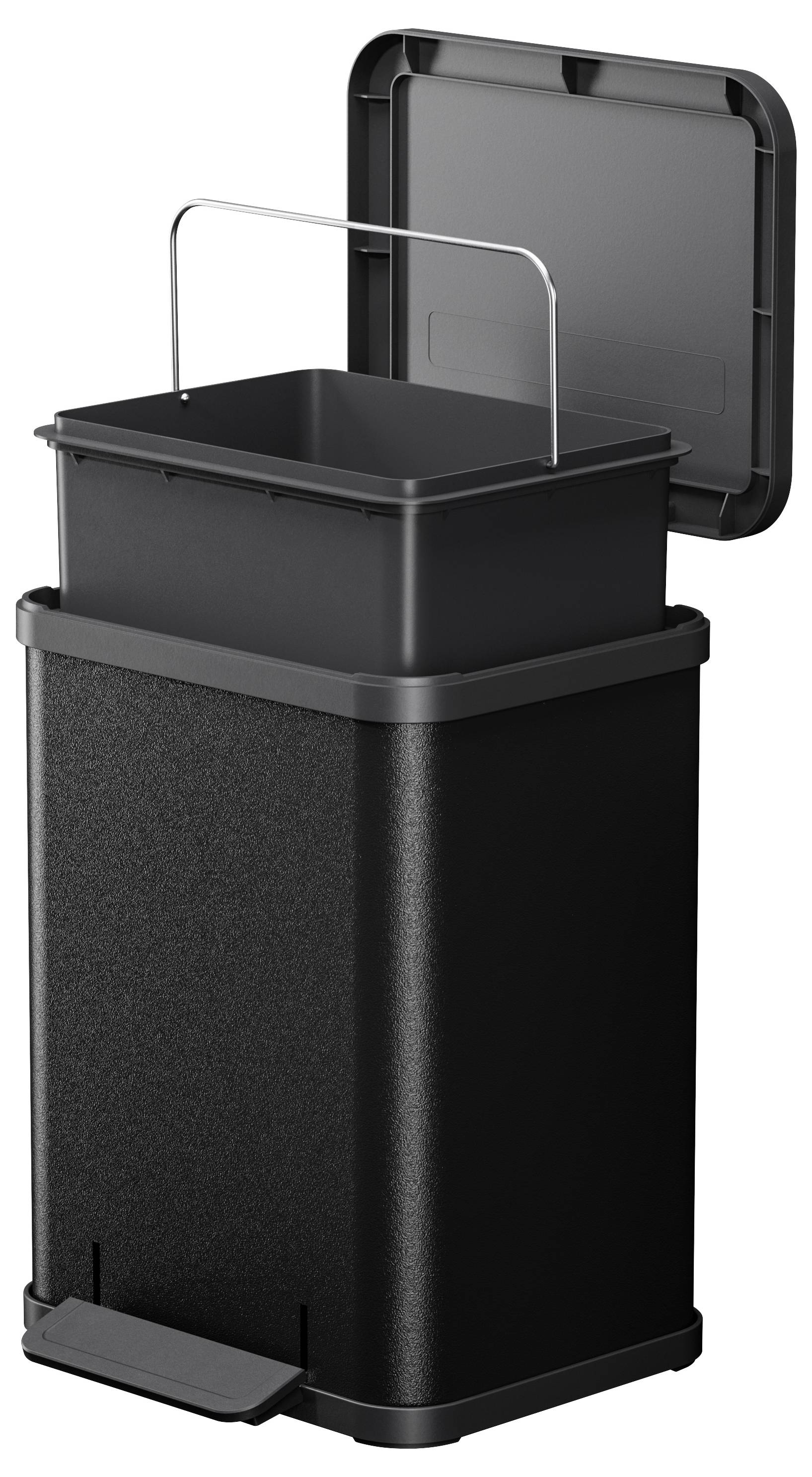 Czarny kosz na śmieci z pedałem i zdejmowaną pokrywą. We wnętrzu znajduje się wyjmowany pojemnik z metalowym uchwytem do przenoszenia.
