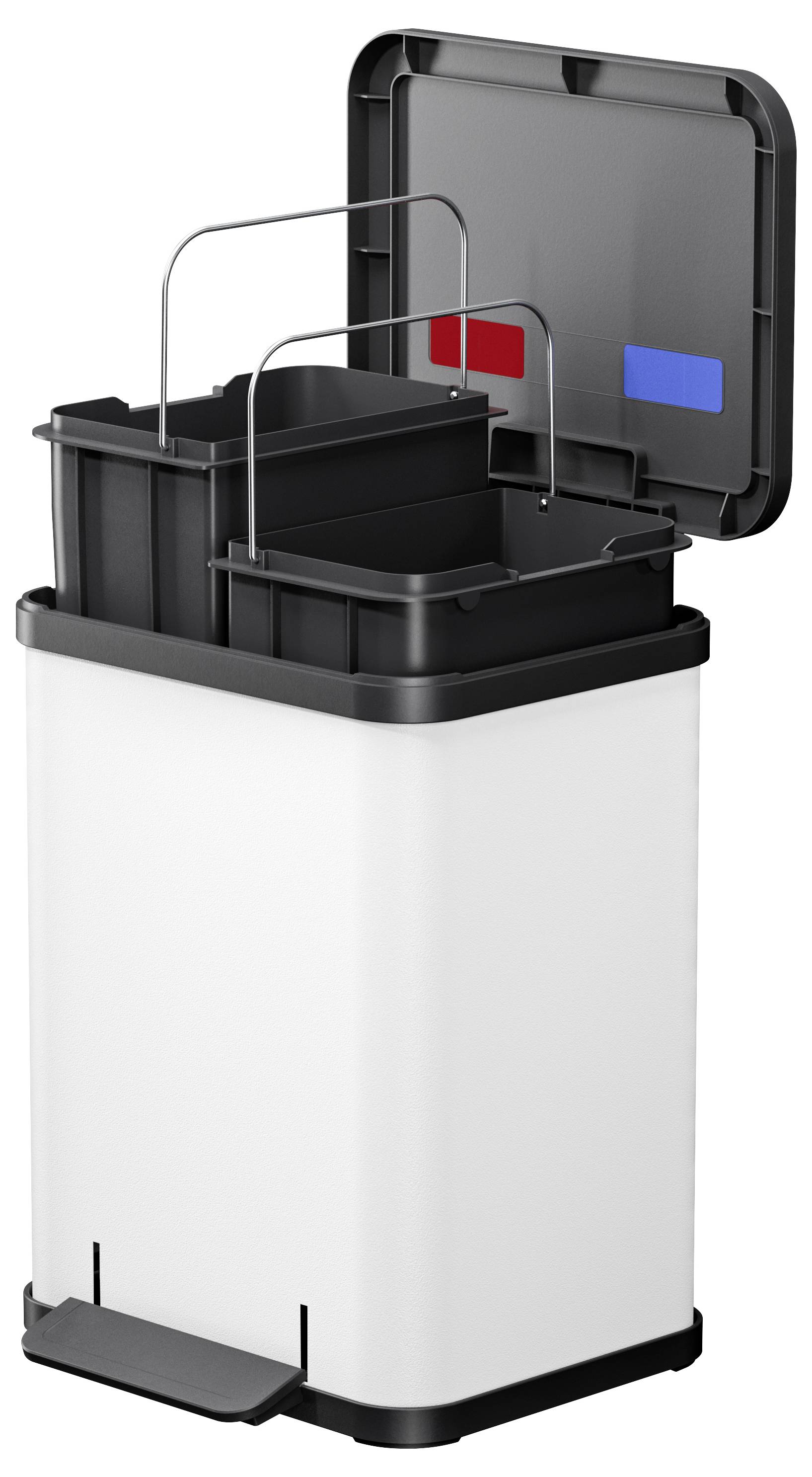 Kosz na śmieci z dwoma komorami do segregacji odpadów; jedna oznaczona na czerwono przeznaczona jest na odpady zmieszane, druga w kolorze niebieskim - na surowce wtórne. Pokrywa jest otwarta.