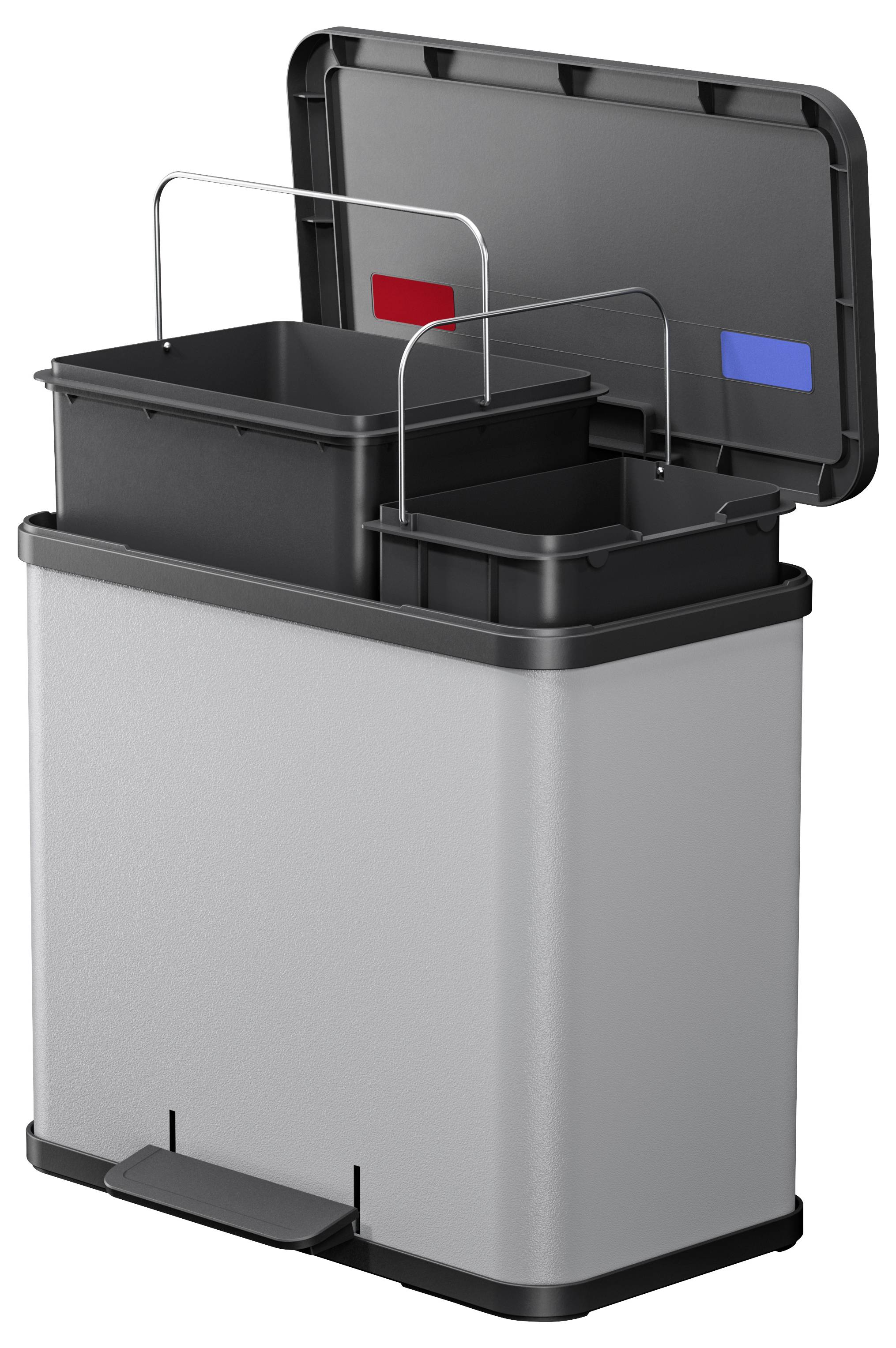 Srebrny kosz na śmieci z dwoma wyjmowanymi pojemnikami, jeden z czerwoną, a drugi z niebieską rączką, wyposażony w pedał do otwierania.