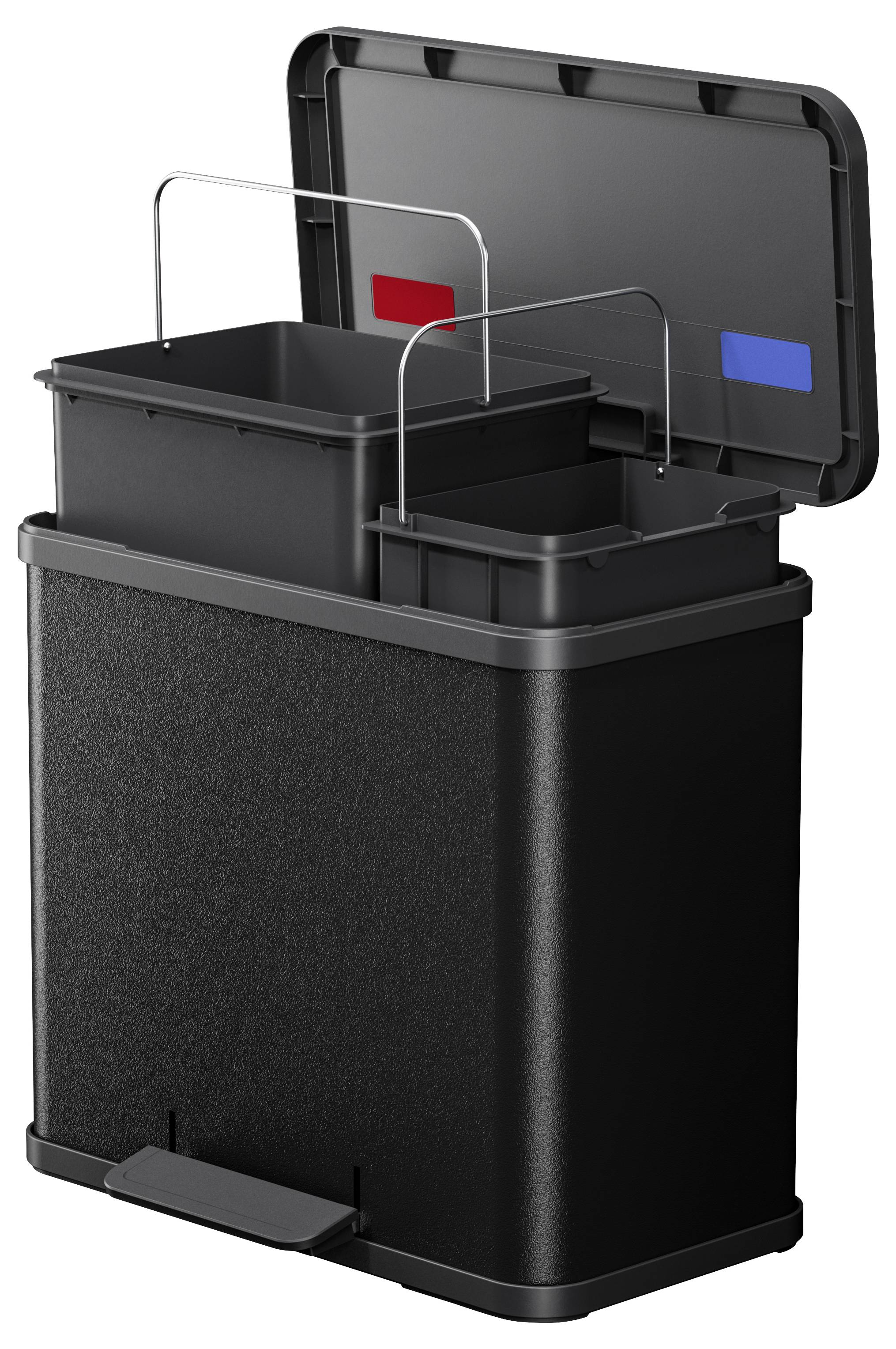 Kosz na śmieci z dwoma wyjmowanymi pojemnikami, czerwonym i niebieskim, wyposażony w pedał do otwierania pokrywy.