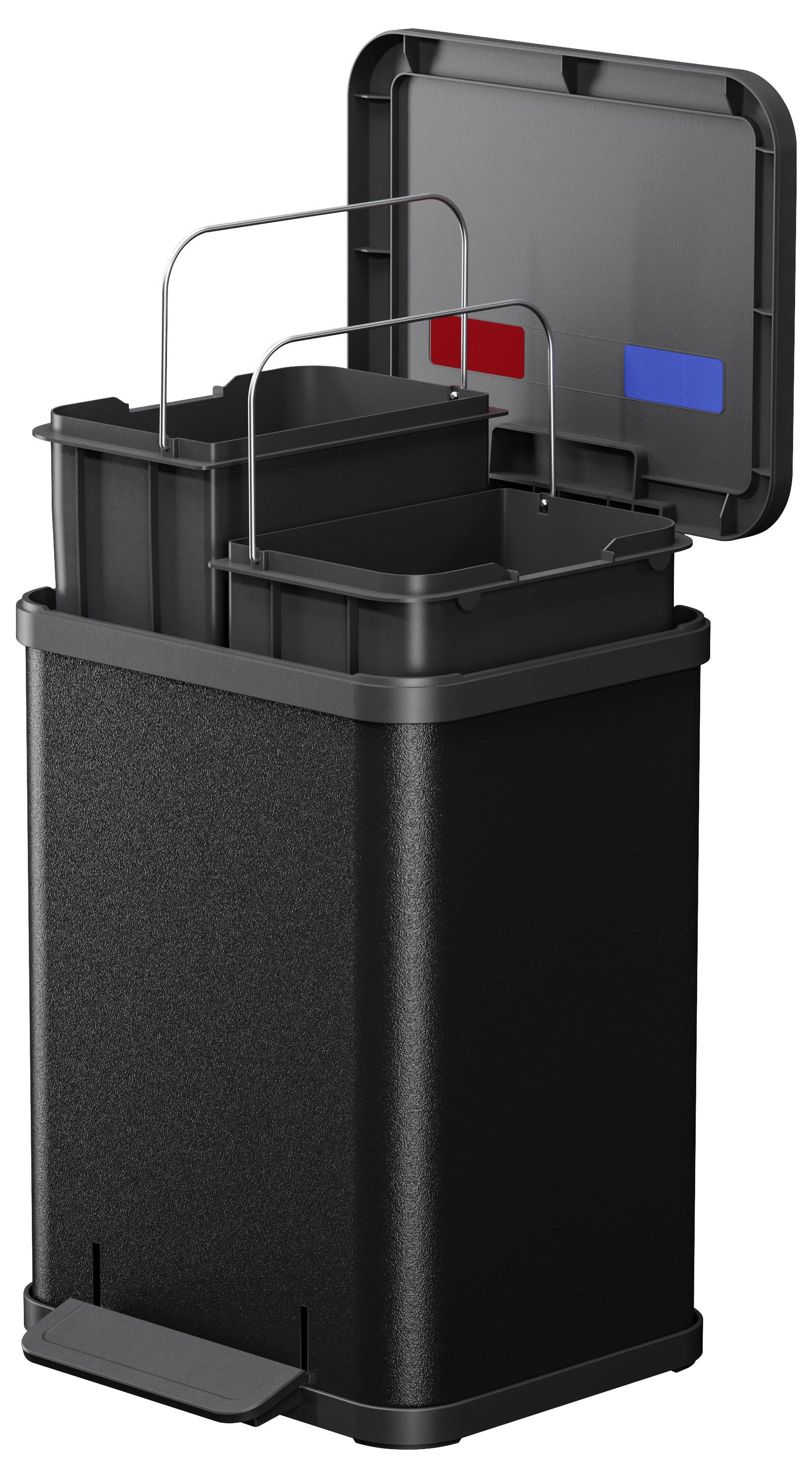 Czarny kosz na śmieci z dwoma wysuwnymi przegrodami, jedną z czerwoną, a drugą z niebieską etykietą do segregacji odpadów, pokrywa otwarta.