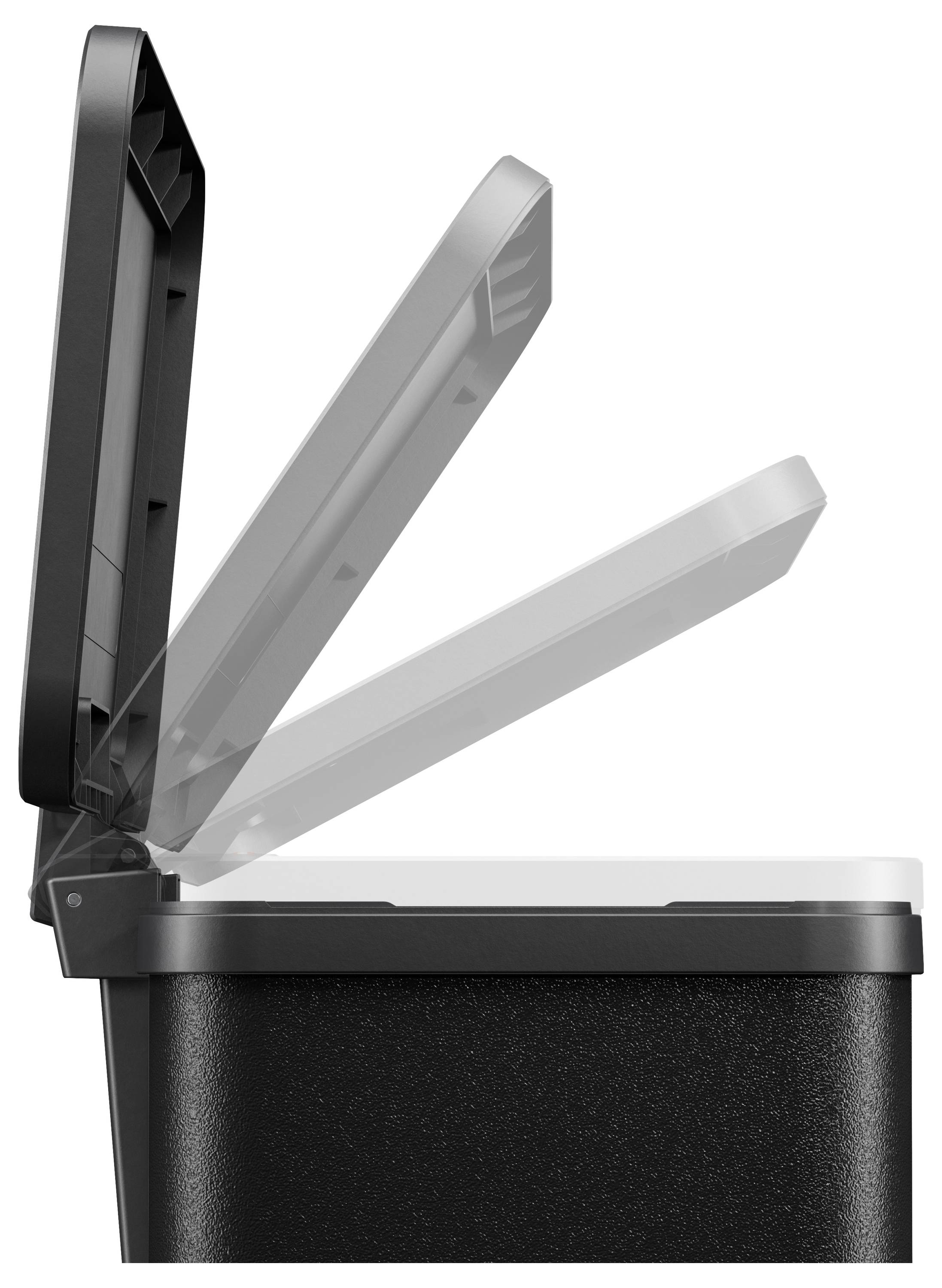 Kosz na śmieci z otwartą pokrywą, pozwalający zajrzeć do jego wnętrza.