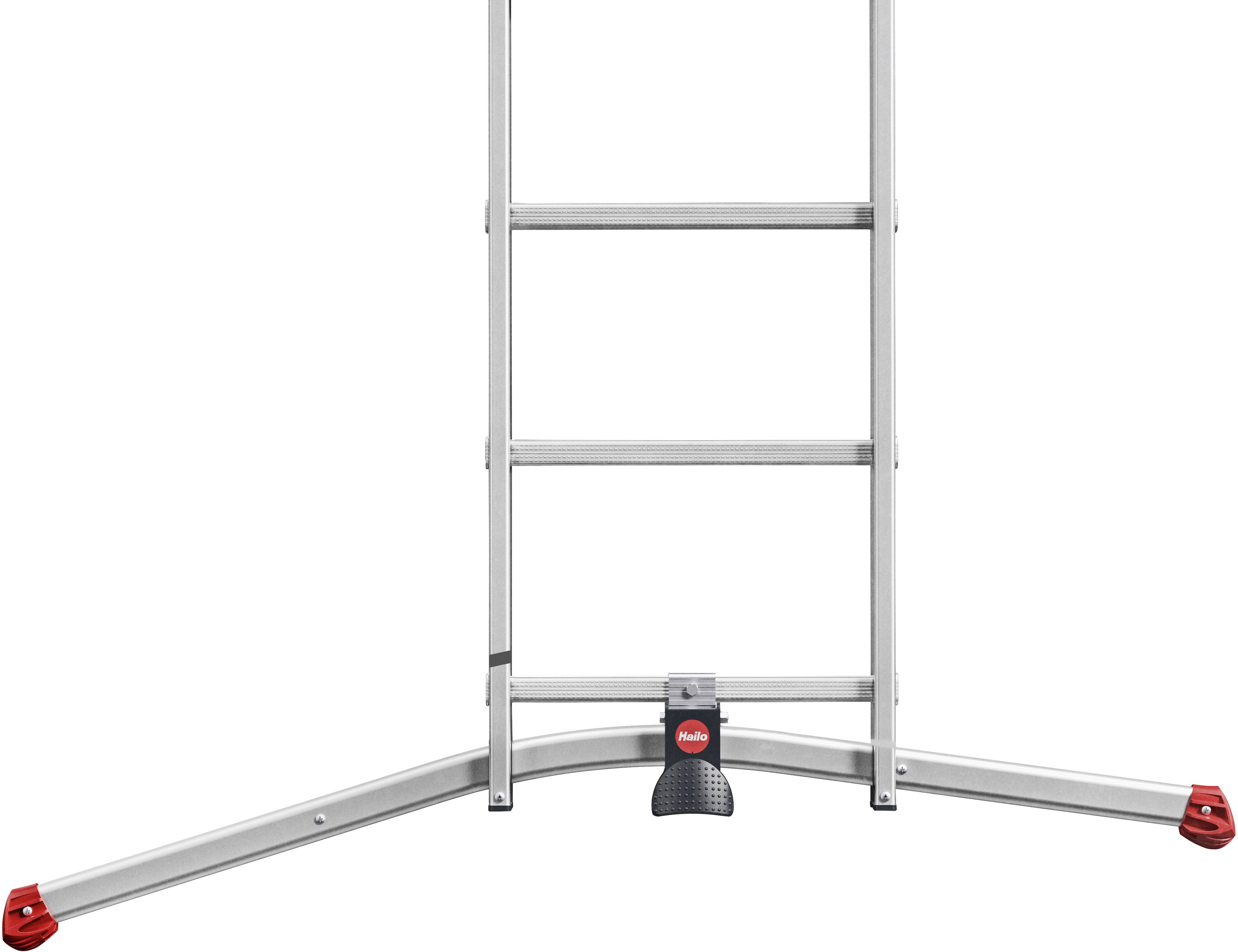 Srebrna aluminiowa drabina z czerwonymi gumowymi stopkami na rozkładanych podporach, zapewniająca zwiększoną stabilność.