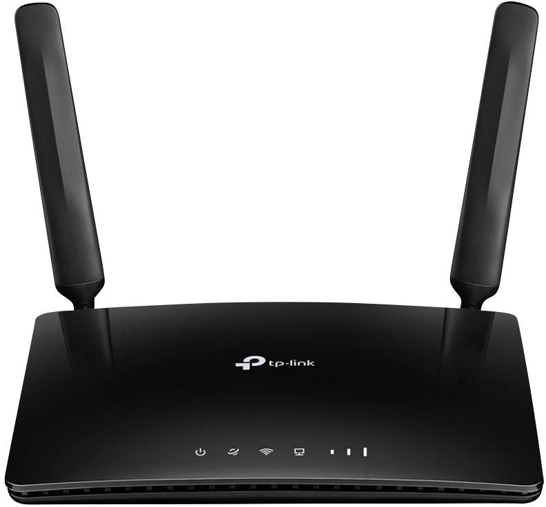 Czarny router z dwiema antenami, logo TP-Link pośrodku. Na przedniej stronie widoczne są symbole pracy, sieci Wi-Fi oraz połączenia.