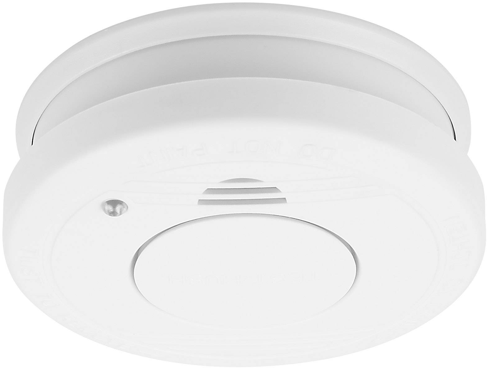 Czujnik dymu na suficie, biały, okrągły, z przyciskiem testowym pośrodku, ważny dla bezpieczeństwa przeciwpożarowego w domu.
