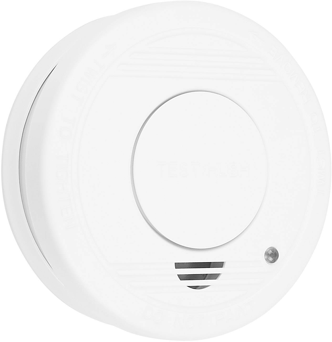 Okrągły czujnik dymu z centralnym przyciskiem testowym i małym wskaźnikiem świetlnym na spodzie. Idealny do ochrony przeciwpożarowej w domu.