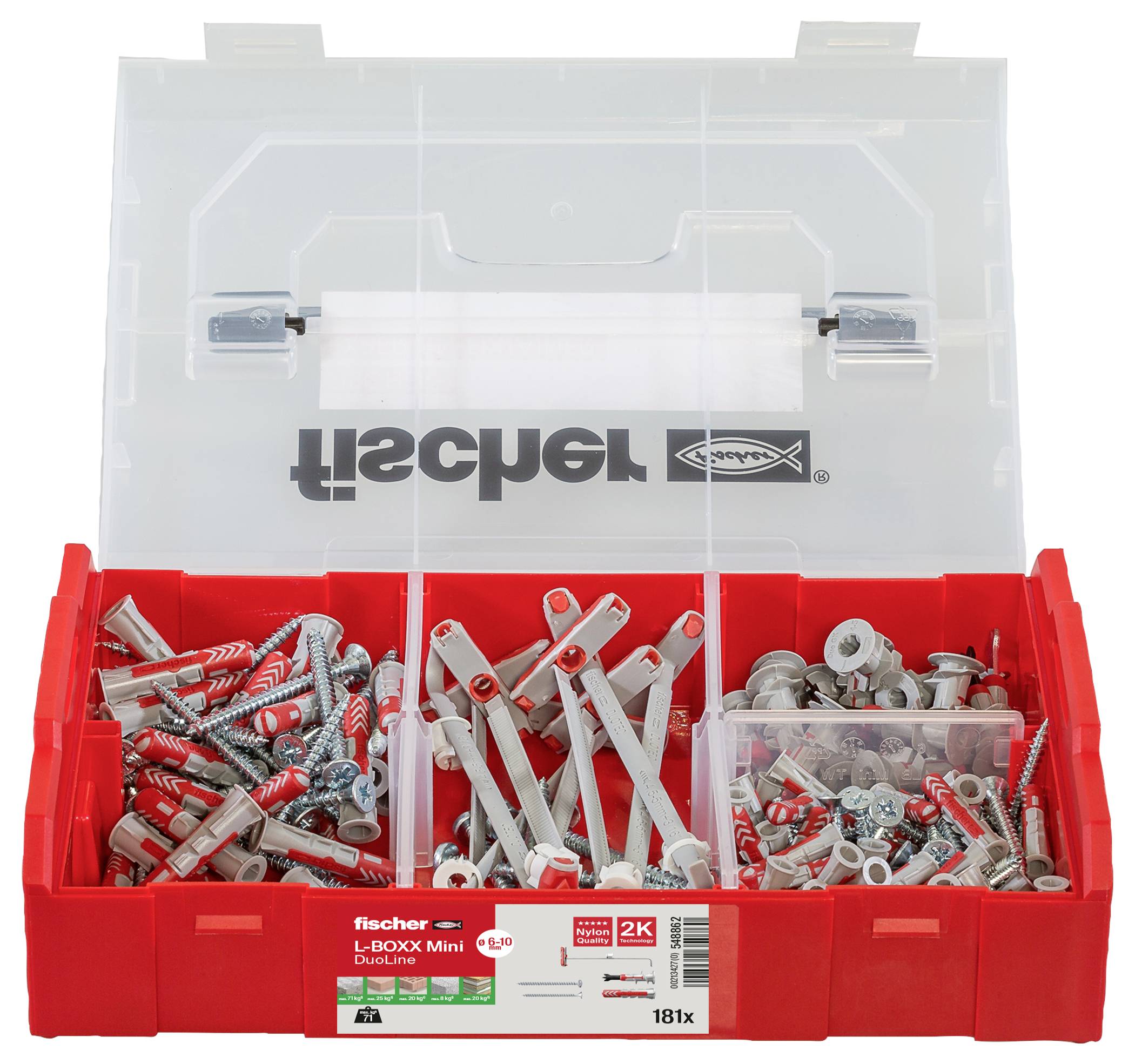 Czerwona skrzynka narzędziowa Fischera, wypełniona różnymi kołkami i śrubami, odpowiednia do lekkich i średnich mocowań w różnych materiałach.