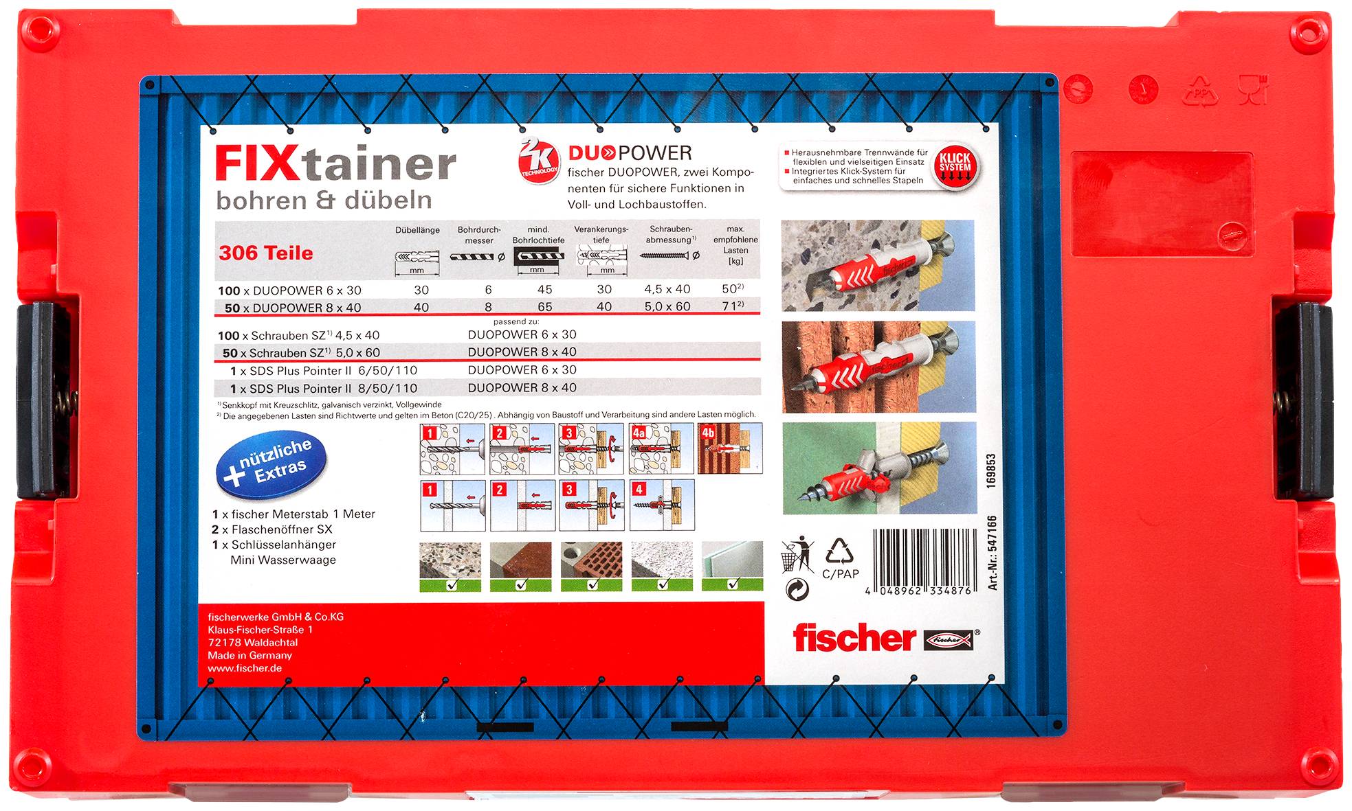 Pudełko Red Fischer FIXtainer zawierające kołki uniwersalne DuoPower i śruby, oznaczone jako „FIXtainer bohren & dübeln" ze zdjęciami produktów i kodem kreskowym.