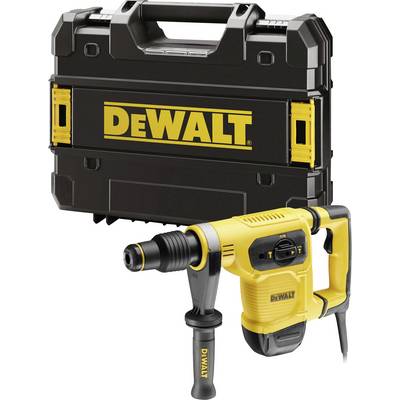 Żółty młot udarowy z czarną rękojeścią firmy DeWalt, obok którego leży pasujący czarny futerał transportowy z żółtym logo DeWalt.