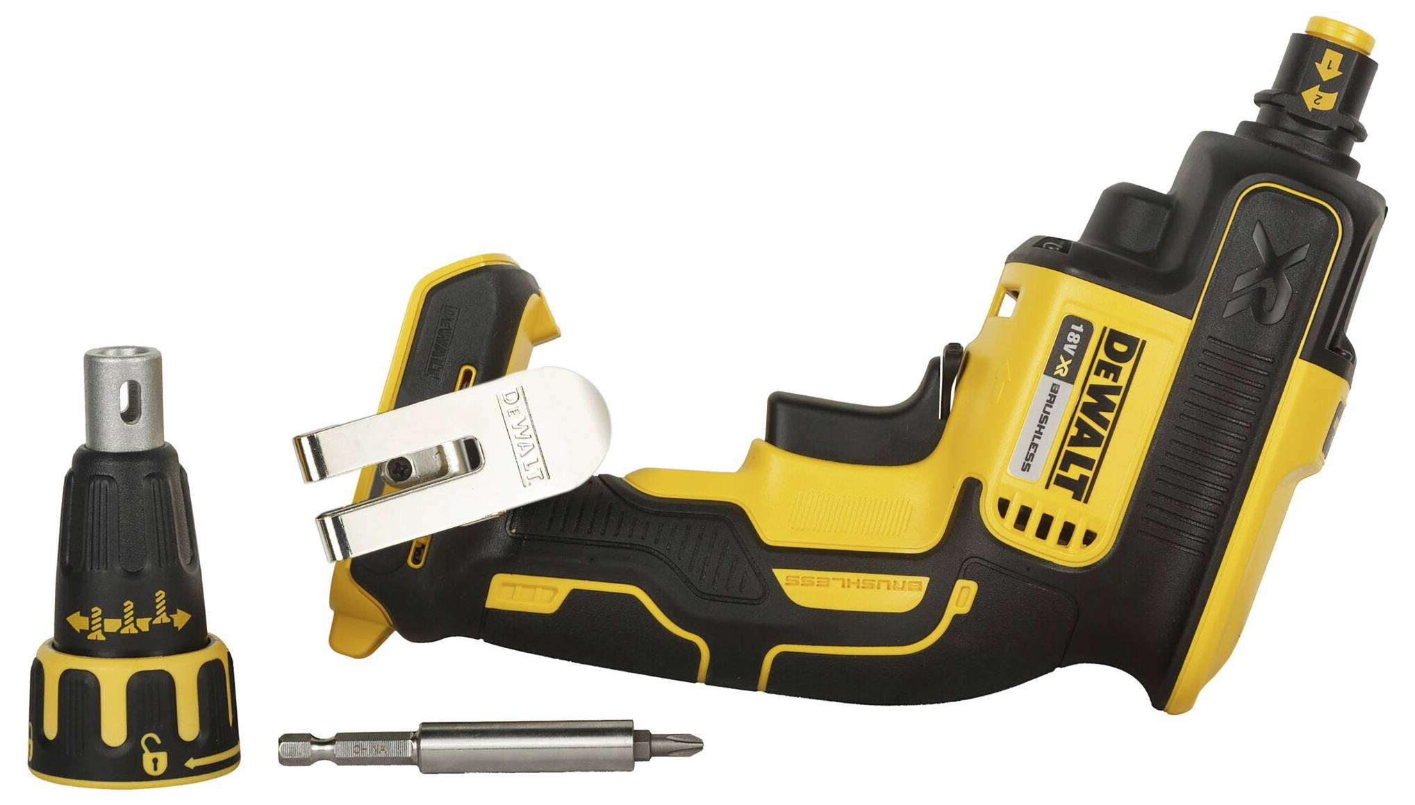 Żółte i czarne elektronarzędzie marki Dewalt z akcesoriami, w tym wymienną głowicą i końcówkami.