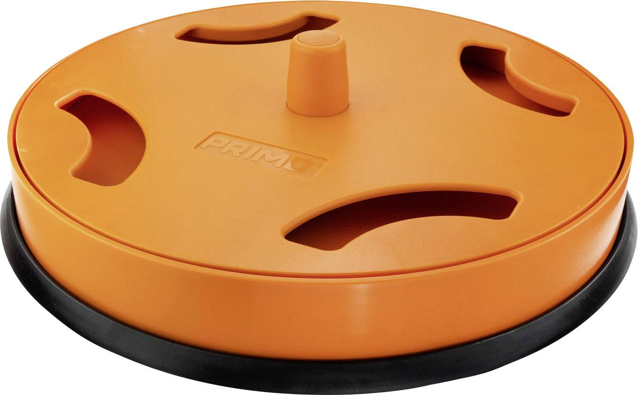 Okrągła, pomarańczowa pokrywa z czarnymi otworami; odpowiednia do przechowywania i przetwarzania żywności.