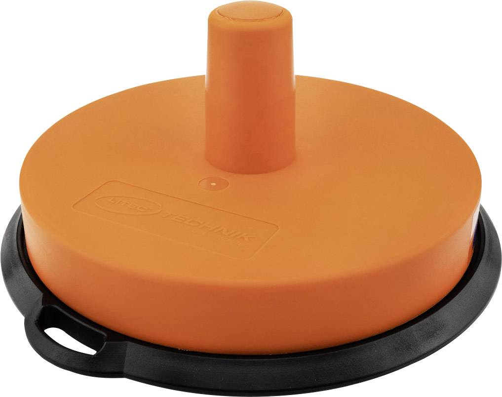 Pomarańczowa nasadka ochronna z cylindryczną rączką i czarną krawędzią, służąca do zabezpieczania lub zakrywania przedmiotów.