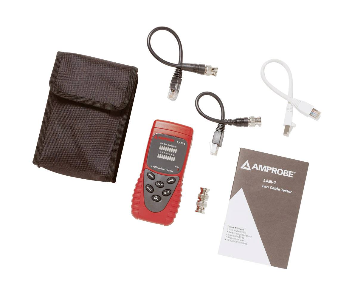 Czerwony tester przewodów LAN z osprzętem, taki jak kabel, torba i instrukcja firmy Amprobe.