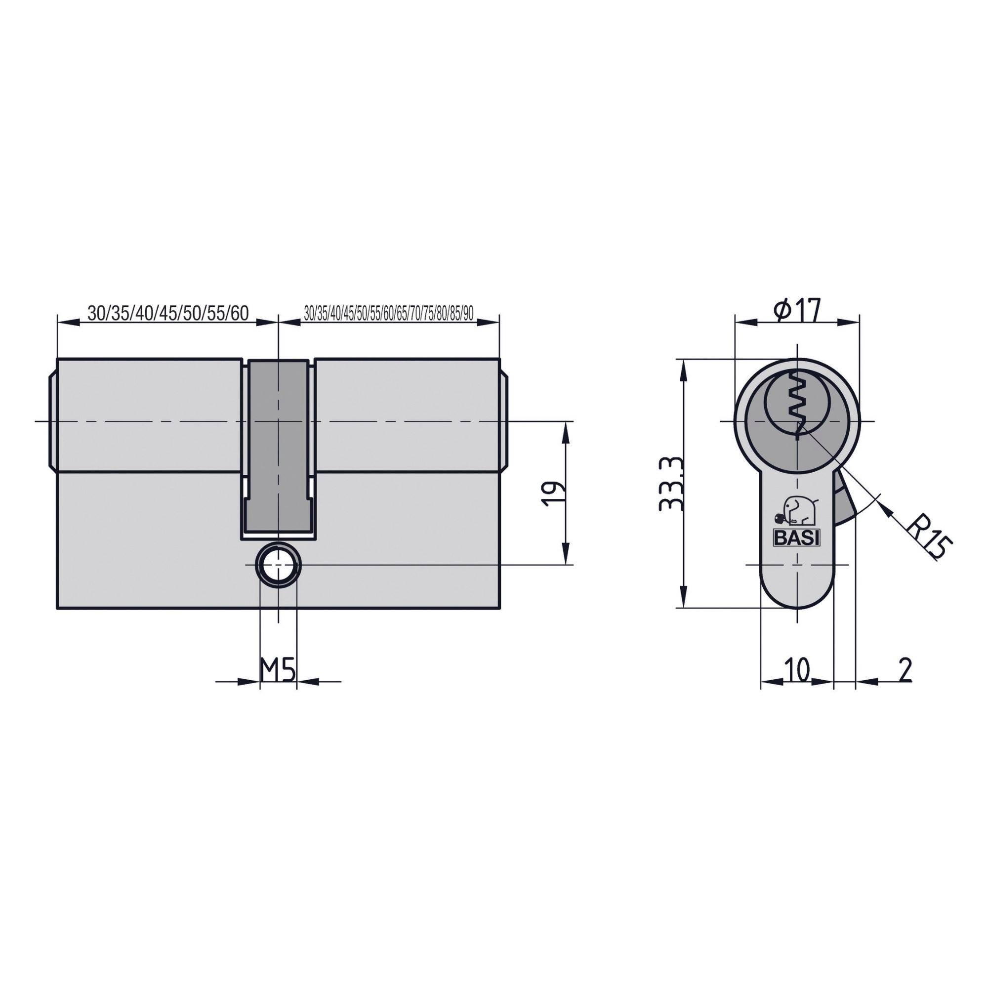Rysunek techniczny cylindra profilowego z wymiarami: szerokość 30-60 mm, wysokość 33 mm, otwór M5, średnica wewnętrzna 17 mm.