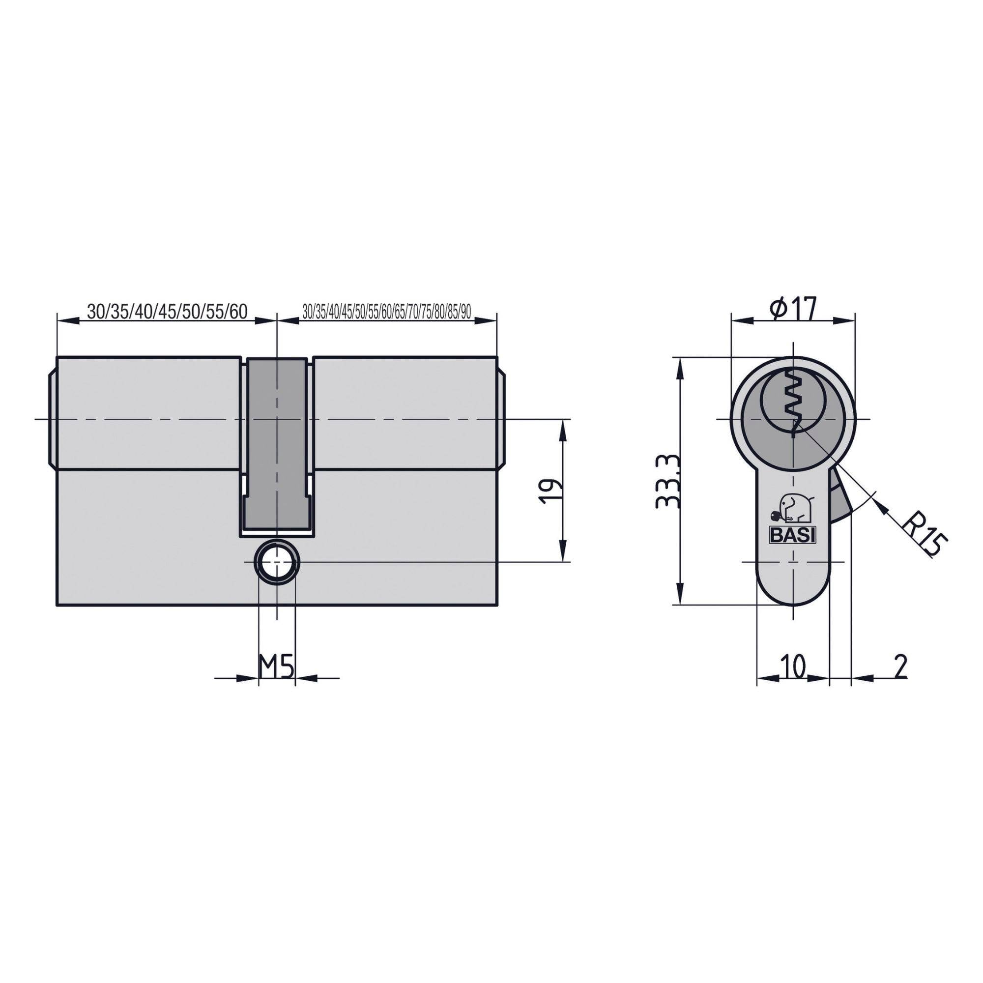 Rysunek techniczny wkładki cylindrycznej z wymiarami: długość 30-60 mm, wysokość 19 mm, średnica 17 mm, średnica otworu M5. Widok główny i widok z boku.