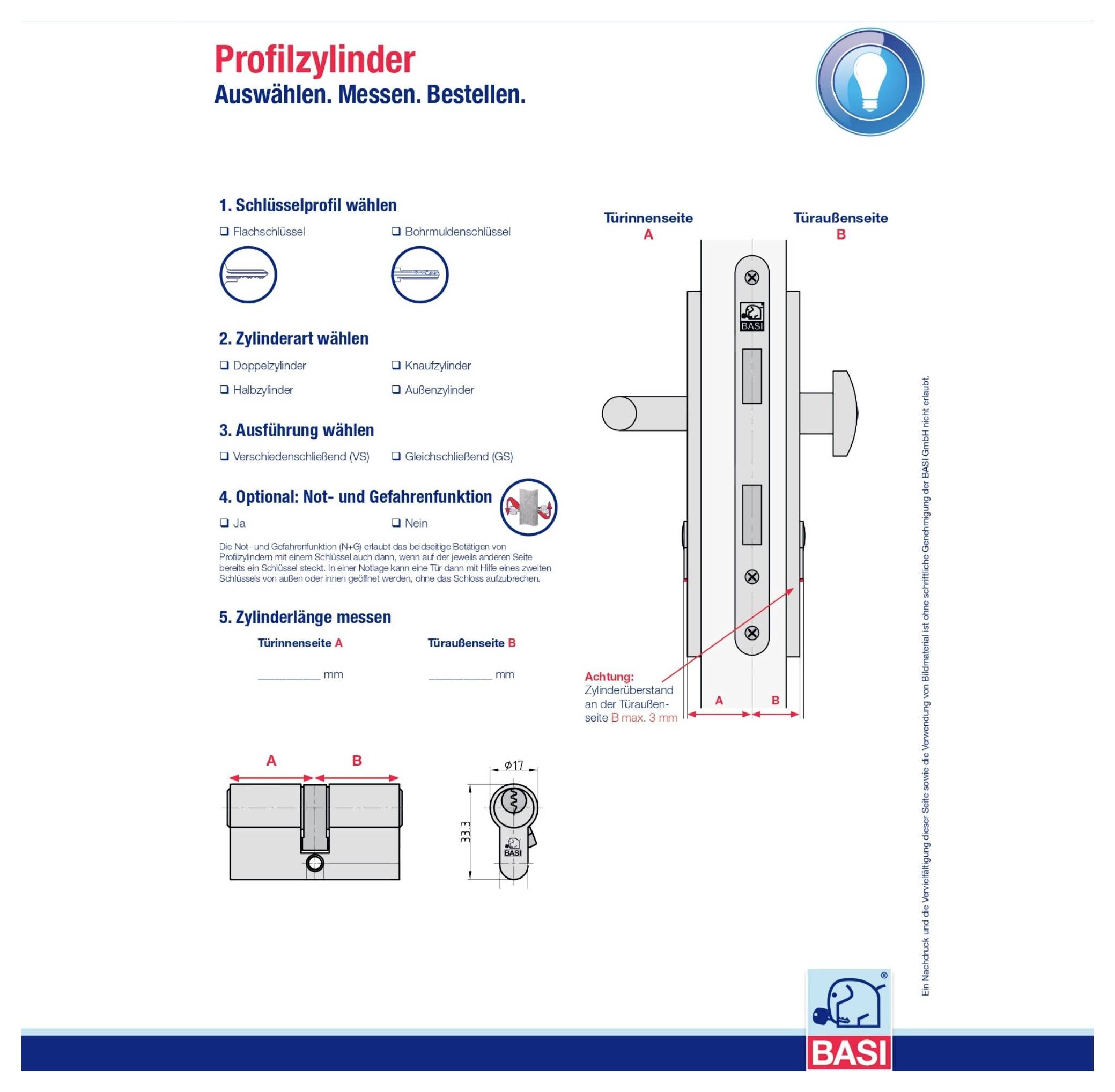 'Wybrać cylinder profilowy, zmierzyć, zamówić' przewodnik pokazujący kroki: wybrać profil i typ cylindra, zmierzyć oraz opcjonalną funkcję bezpieczeństwa. Zdjęcie klamki drzwi.