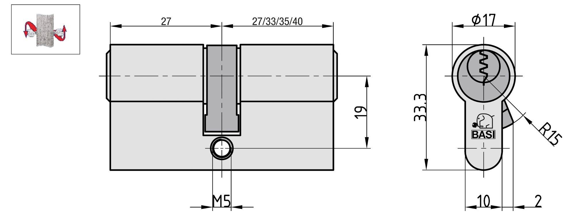 Techniczny rysunek cylindrycznego zamka BASI z wymiarami: długość 27/33/35/40, wysokość 33,3, szerokość 17. Zawiera szczegóły mechanizmu zamka.