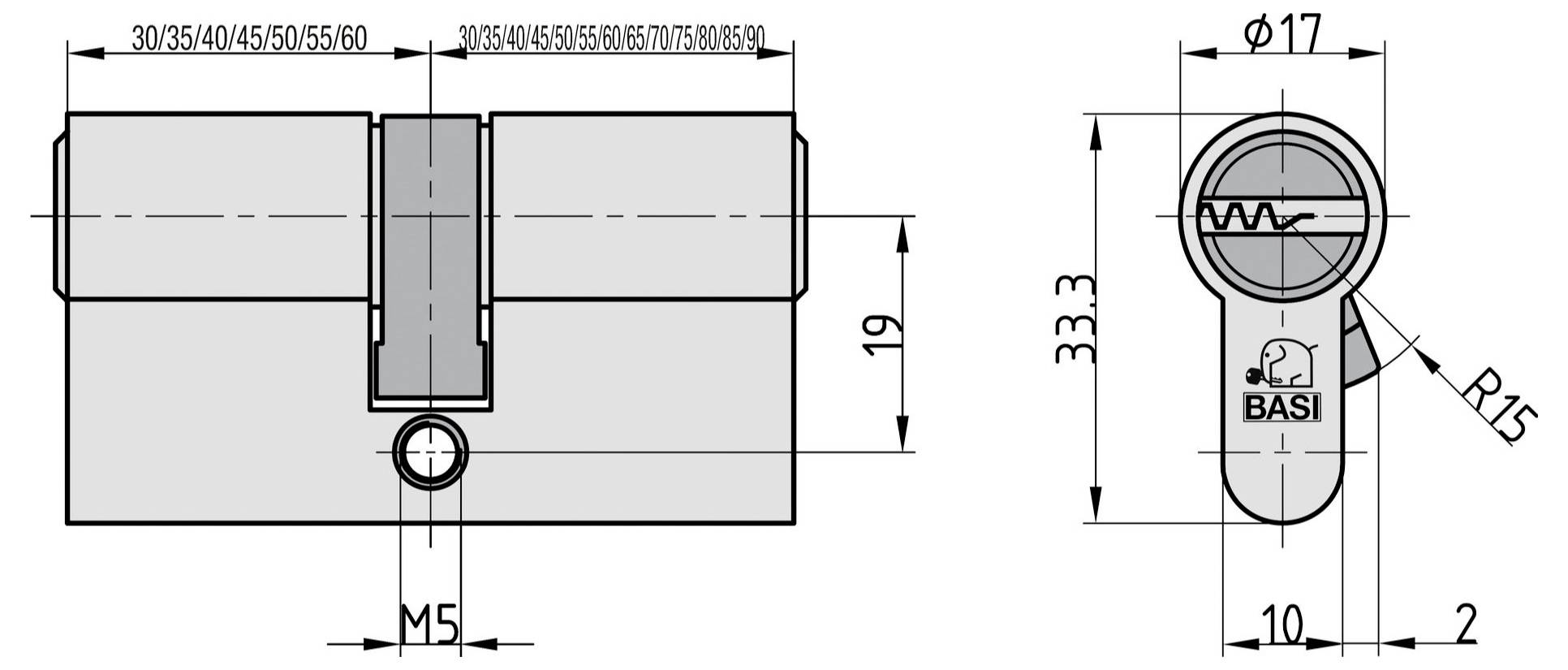 Rysunek techniczny zamka cylindrycznego BASI, pokazujący wymiary takie jak odmiany długości (30/35/40/45/50/55/60 mm), wysokość i średnicę.