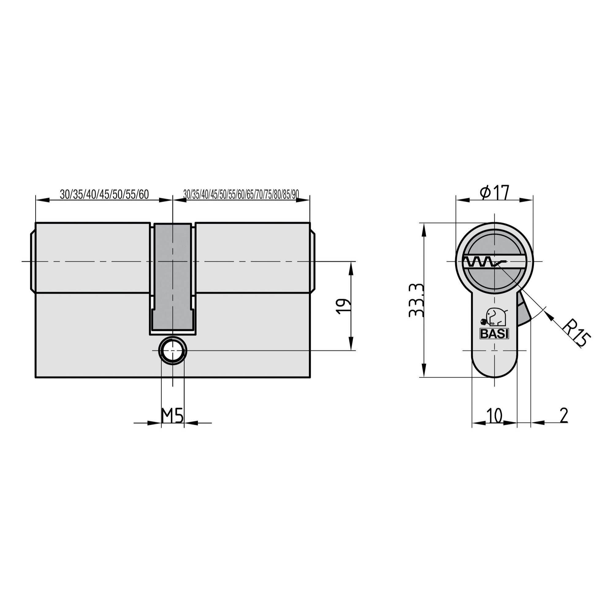 Rysunek techniczny podwójnego zamka cylindrycznego z wymiarami. Widok z przodu pokazuje opcje szerokości od 30 do 80 mm. Widok z boku wskazuje pomiary wysokości i głębokości.