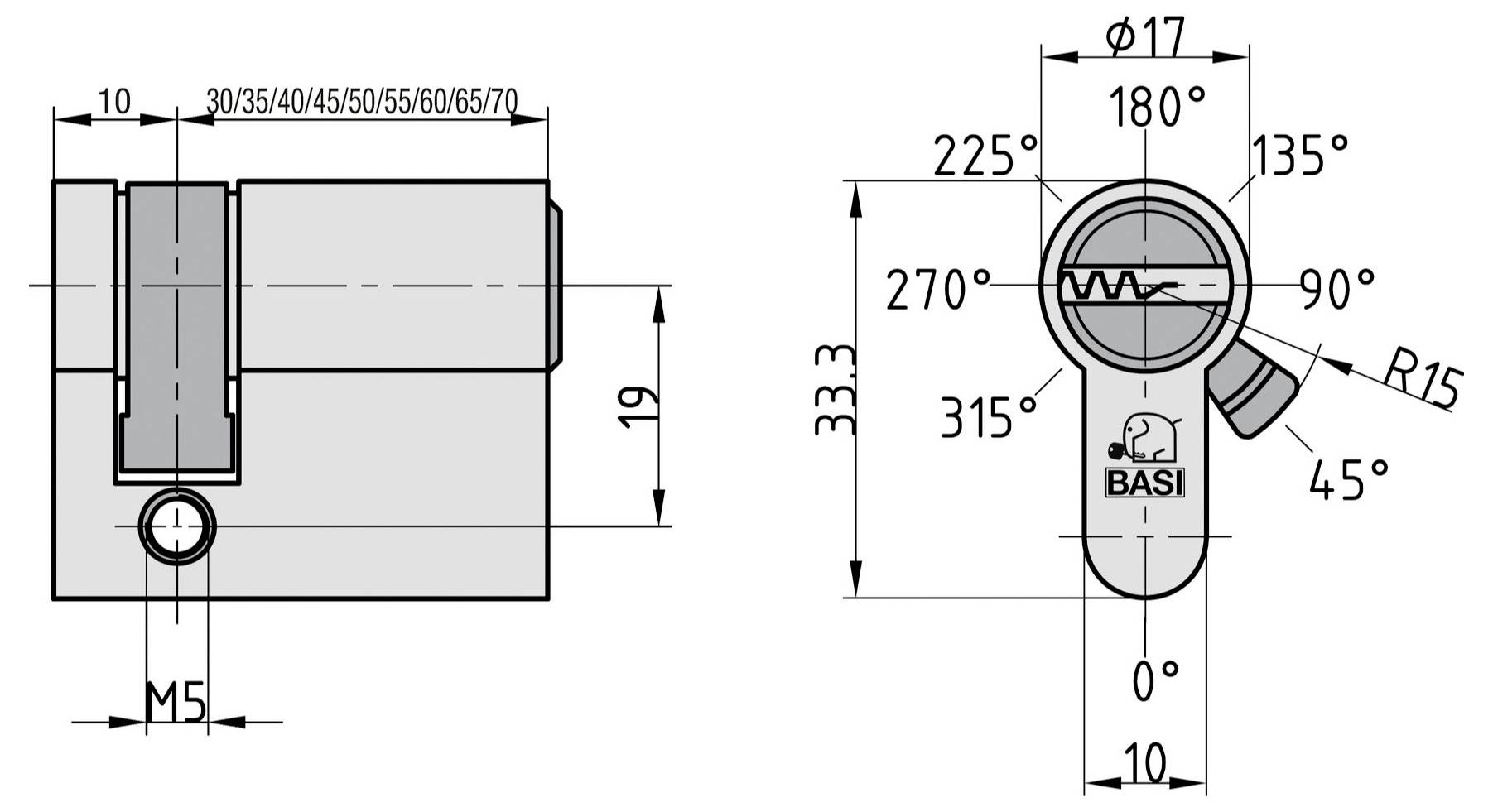 Diagram techniczny cylindra zamka BASI pokazujący widoki z boku i z góry z wymiarami i kątami, w tym gwint M5 i opcje długości 30-70.