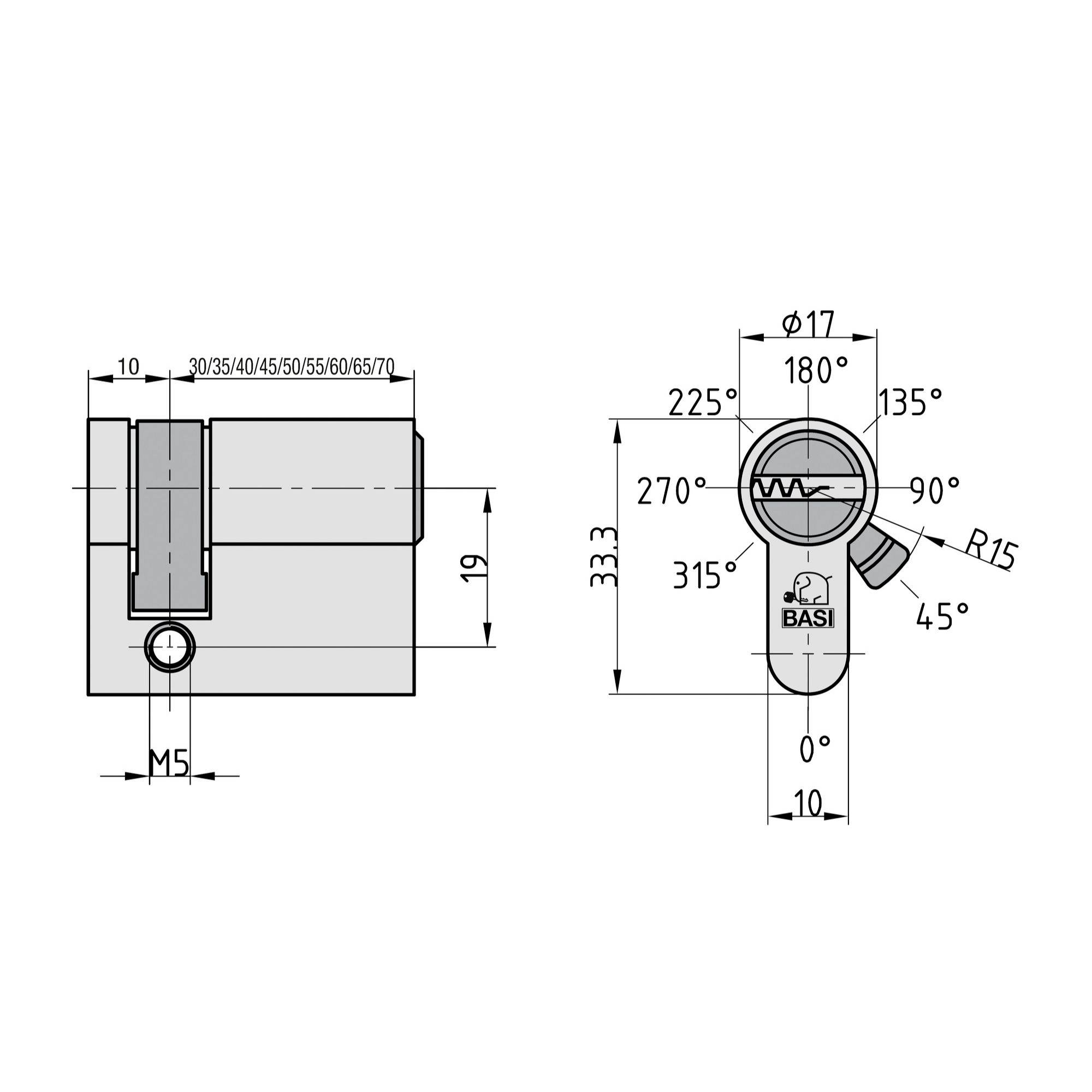 Rysunek techniczny wkładki cylindrycznej z wymiarami i kątami. Widok główny: z boku i z góry. Oznaczenia: M5, Φ17, R15.