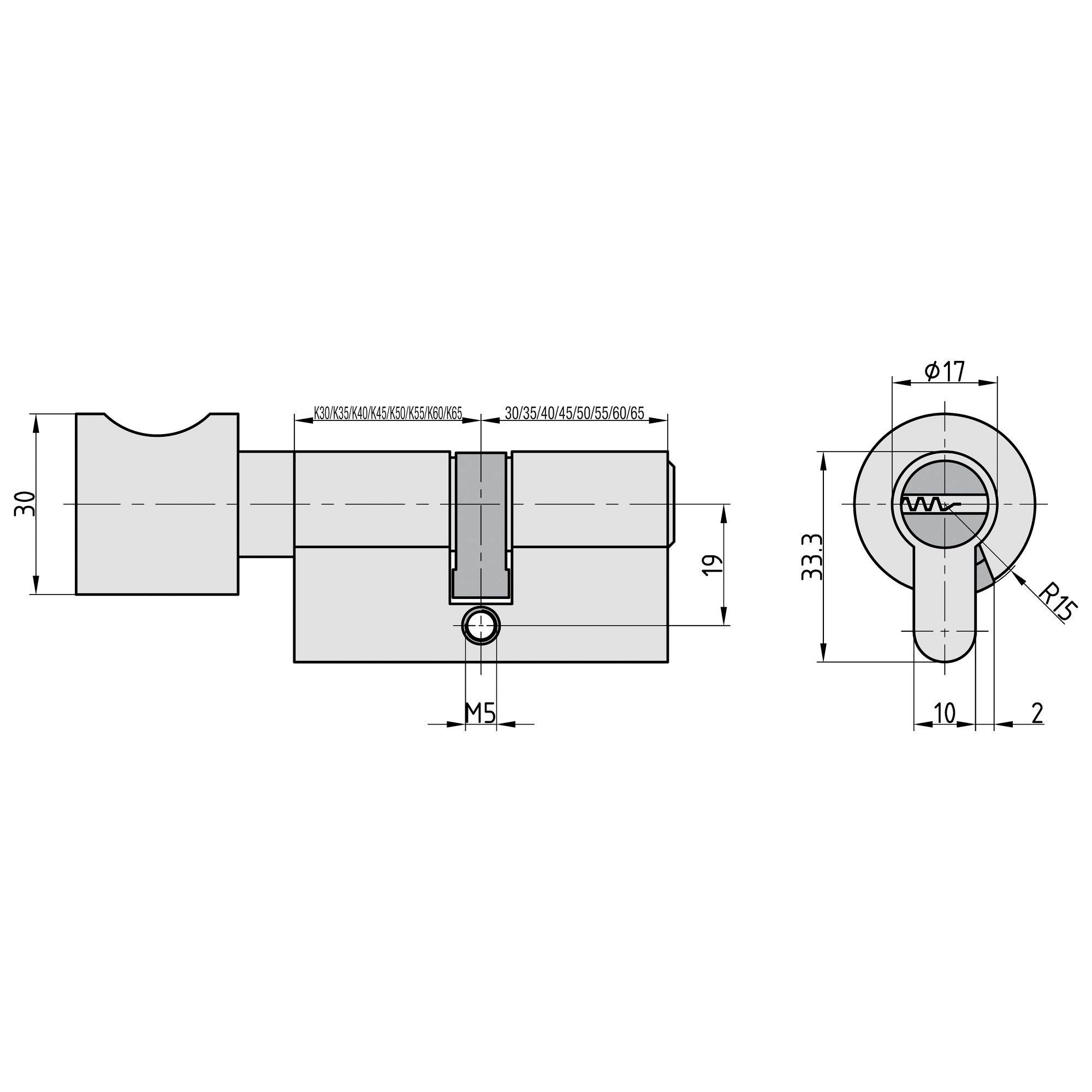 Rysunek techniczny cylindra zamka pokazujący wymiary: długość 30 do 60 mm, średnica 17 mm oraz różne umiejscowienia śrub.
