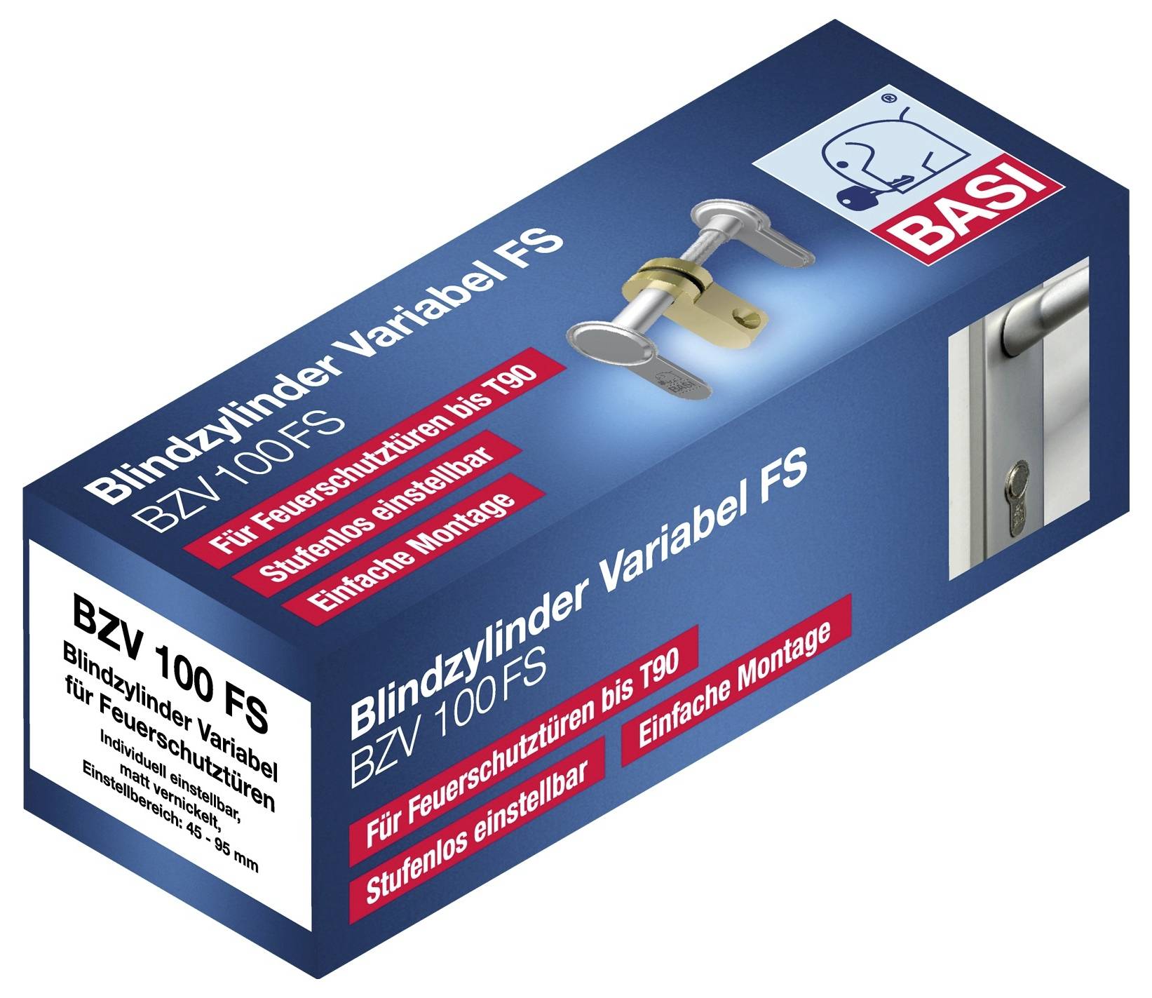 Opakowanie 'BASI Blinde cylinder Variabel FS BZV 100-FS', prezentujące zamek cylindryczny z regulowaną instalacją do drzwi zabezpieczających przed ogniem.
