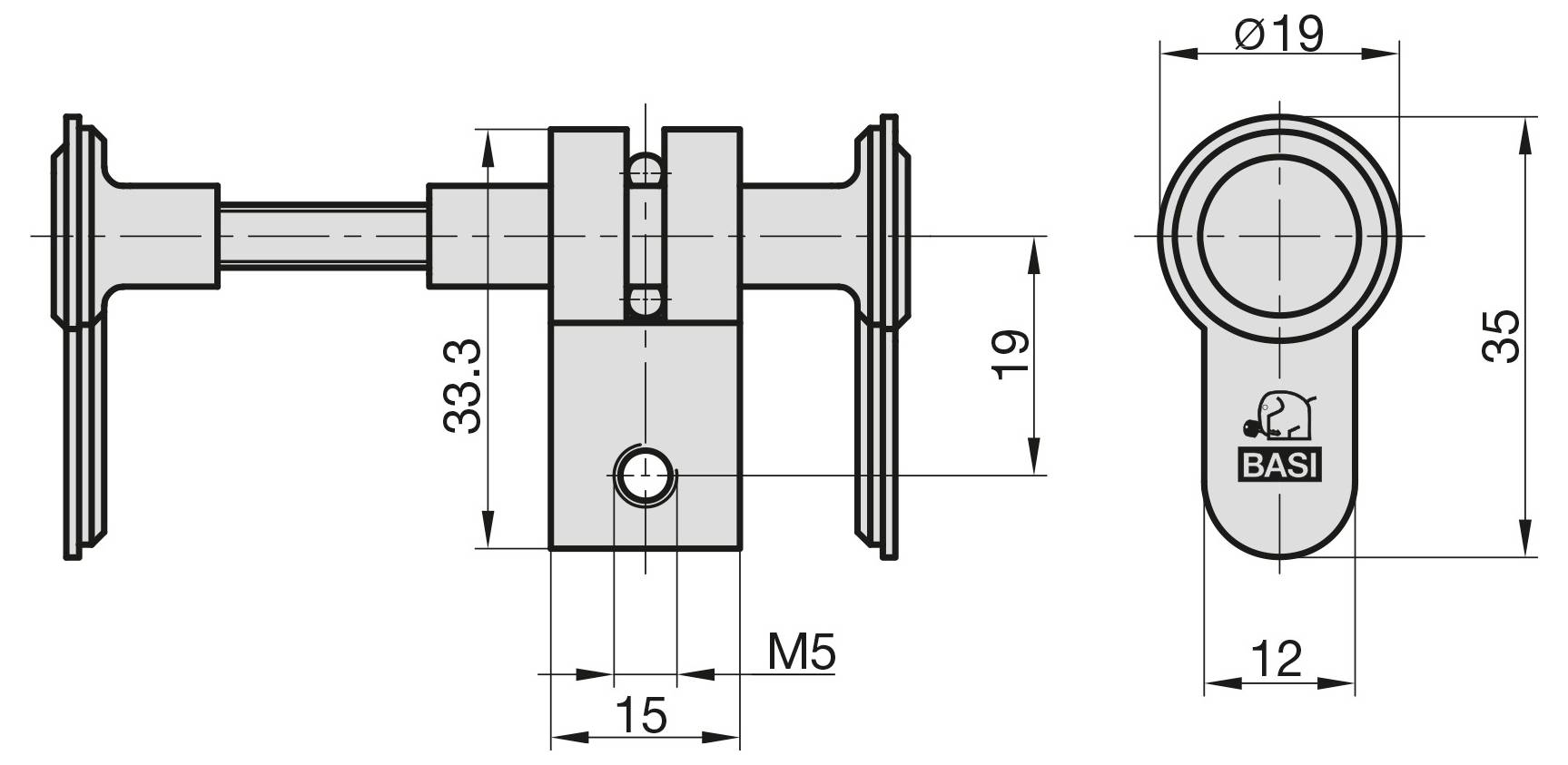 Rysunek techniczny mechanizmu zamka z wymiarami: szerokość 19mm, długość 33,3mm. Średnica otworu na klucz 19mm, szerokość gałki 12mm.