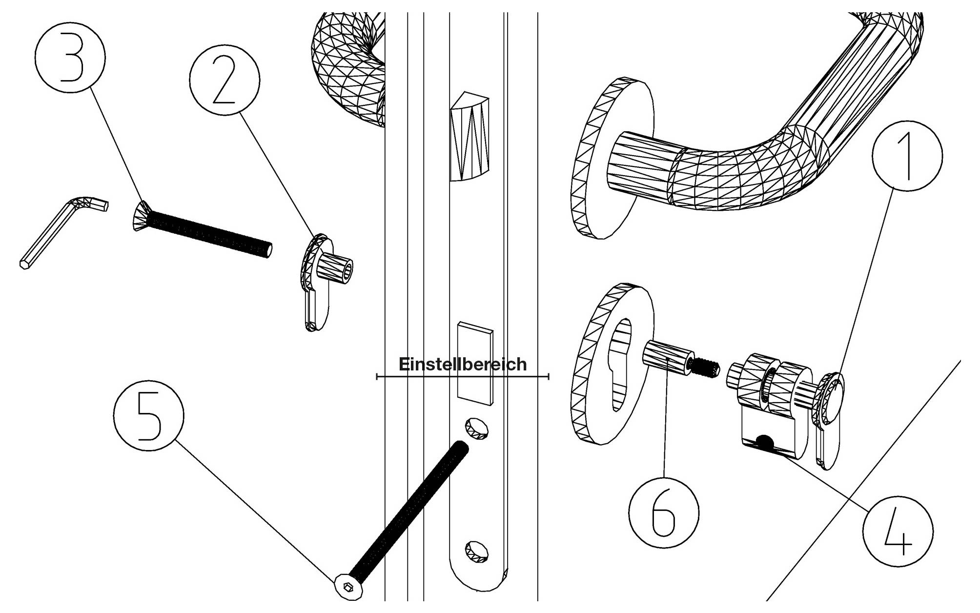 Diagram zestawu klamki drzwiowej z ponumerowanymi częściami i obszarem regulacji oznaczonym jako „Einstellbereich". Części obejmują śruby, klamkę i komponenty zamka.
