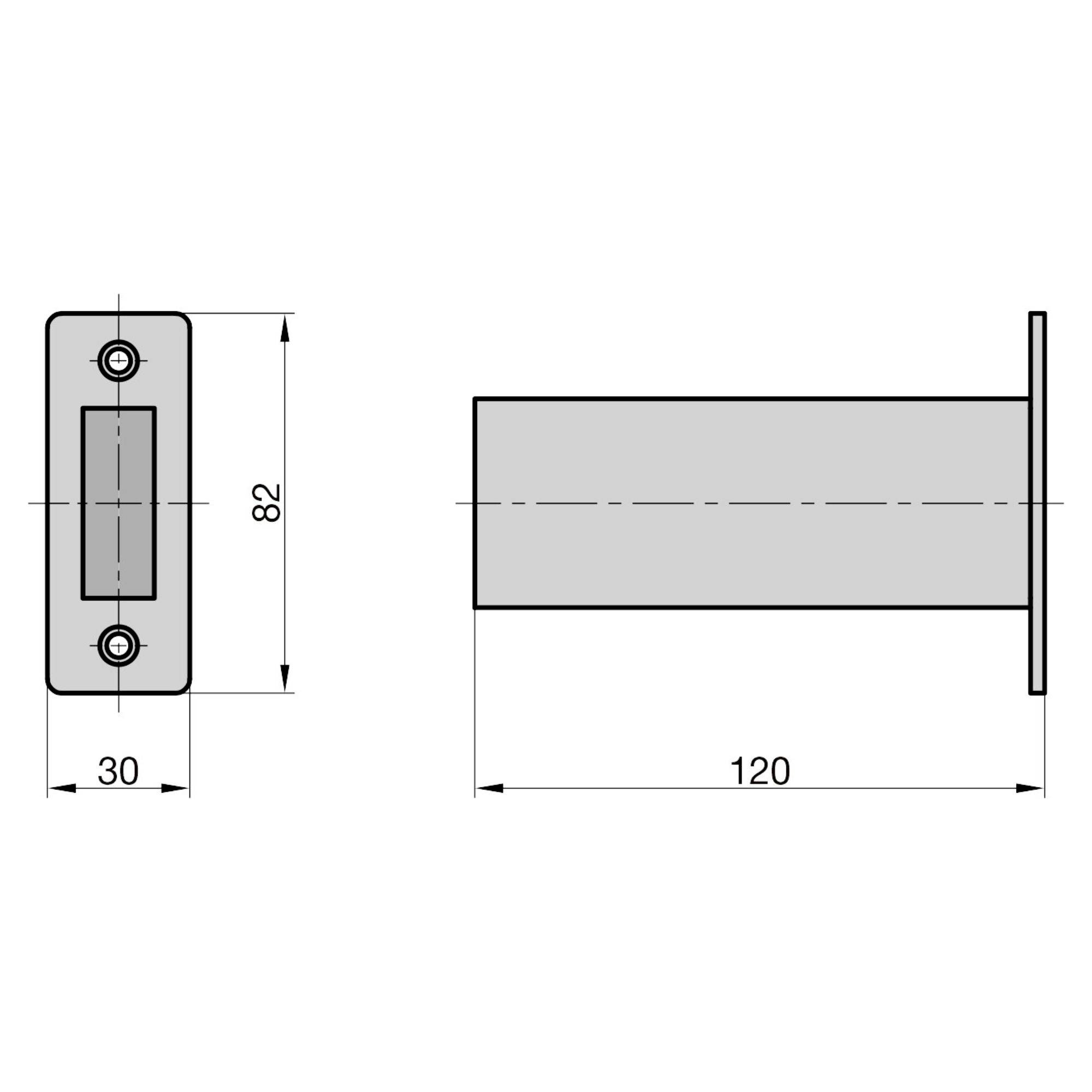 Rysunek techniczny profilu mocowania ściennego; wymiary: 82x30 mm i 120 mm głębokości. Szkic widoku bocznego i czołowego.