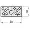 Rysunek techniczny: Prostokątna płyta metalowa o szerokości 65 mm i wysokości 30 mm, z wieloma otworami kołowymi o różnych rozmiarach.
