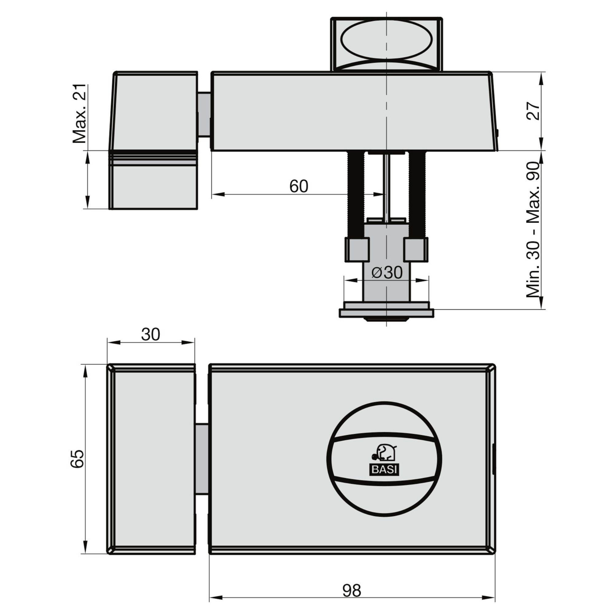 Rysunek techniczny zamka drzwiowego BASI z wymiarami: 98 mm szerokości, 65 mm wysokości i 60 mm głębokości. Maksymalny zakres regulacji 21 do 27 mm.