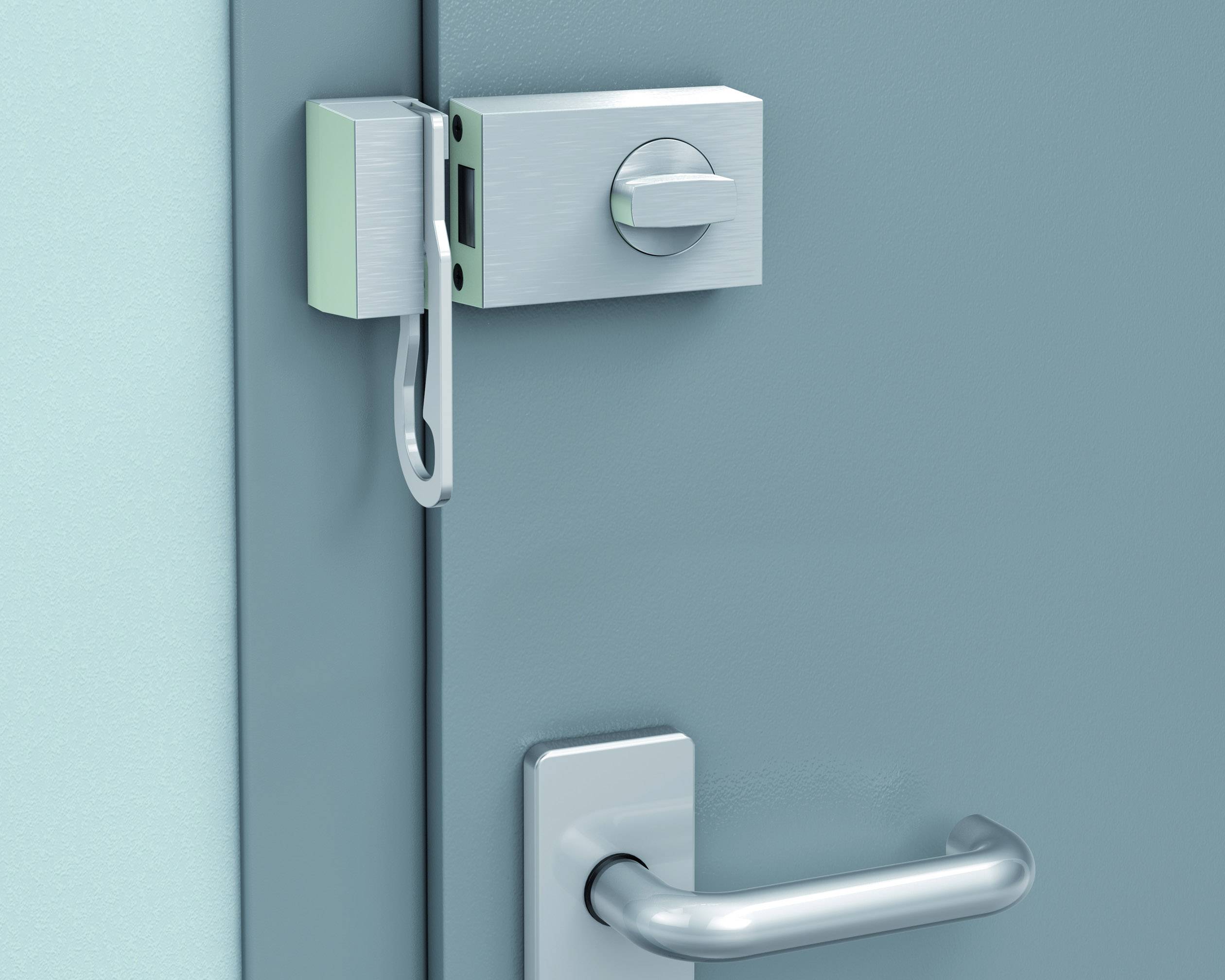 Drzwi z zamkiem bezpieczeństwa i klamką, które pokazują, jak mechanizm blokady drzwi jest stosowany w celu zapewnienia dodatkowej ochrony.