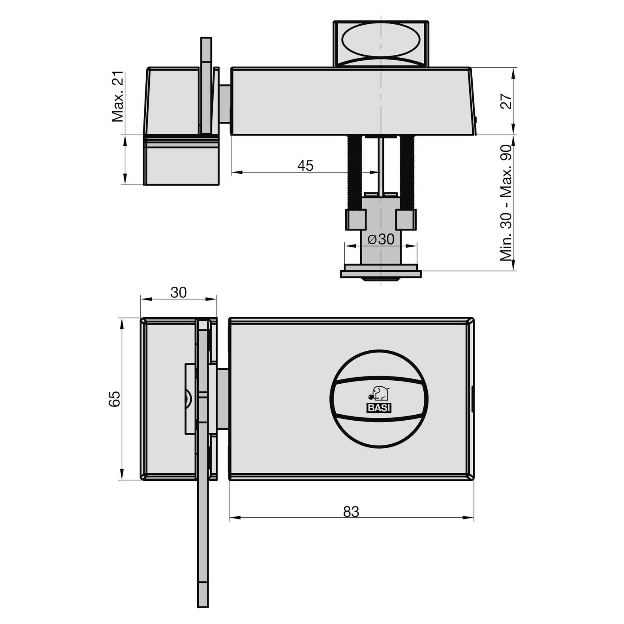 Rysunek techniczny zamka do drzwi o wymiarach 83 x 65 mm. Przedstawia maksymalne i minimalne wartości wymiarów montażowych oraz szczegóły mechanizmu.