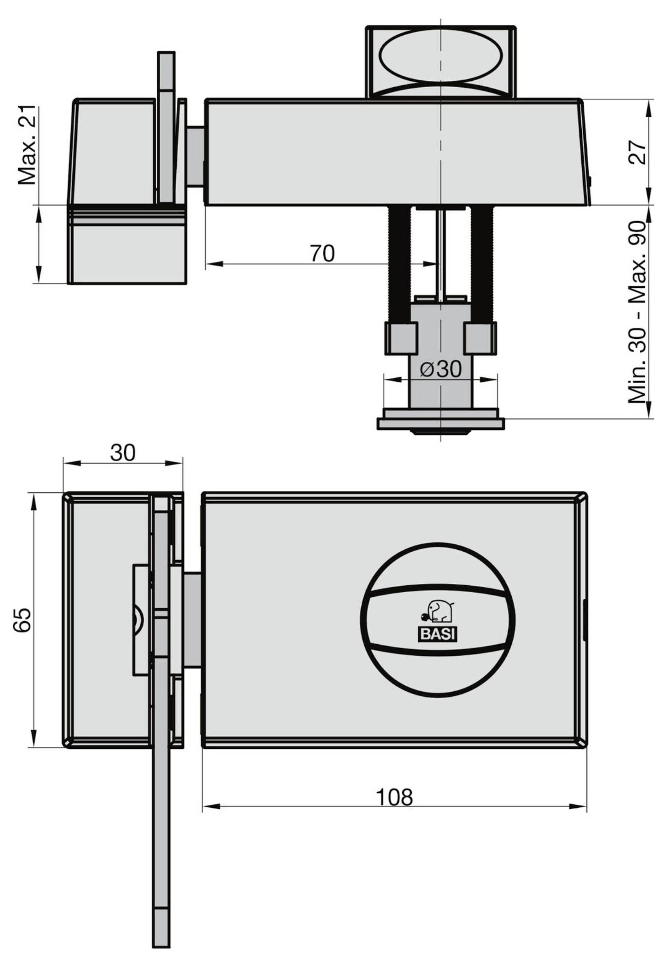 Rysunek techniczny zamka do drzwi, pokazujący trzy widoki z wymiarami w milimetrach: 65 na 108 widok przedni, 30 widok boczny oraz szczegóły mechanizmu zamka.