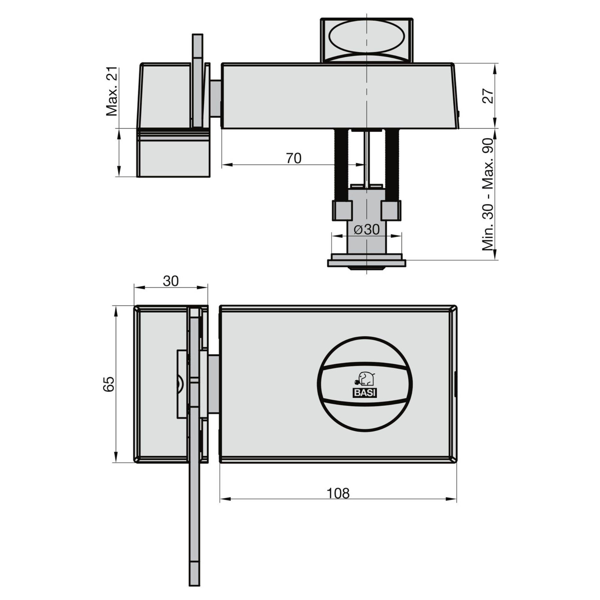 Techniczny diagram prostokątnego zamka drzwiowego z wymiarami górnym i bocznym, pokazujący konfigurację zamka i logo "BASI" na przedniej ściance zamka.