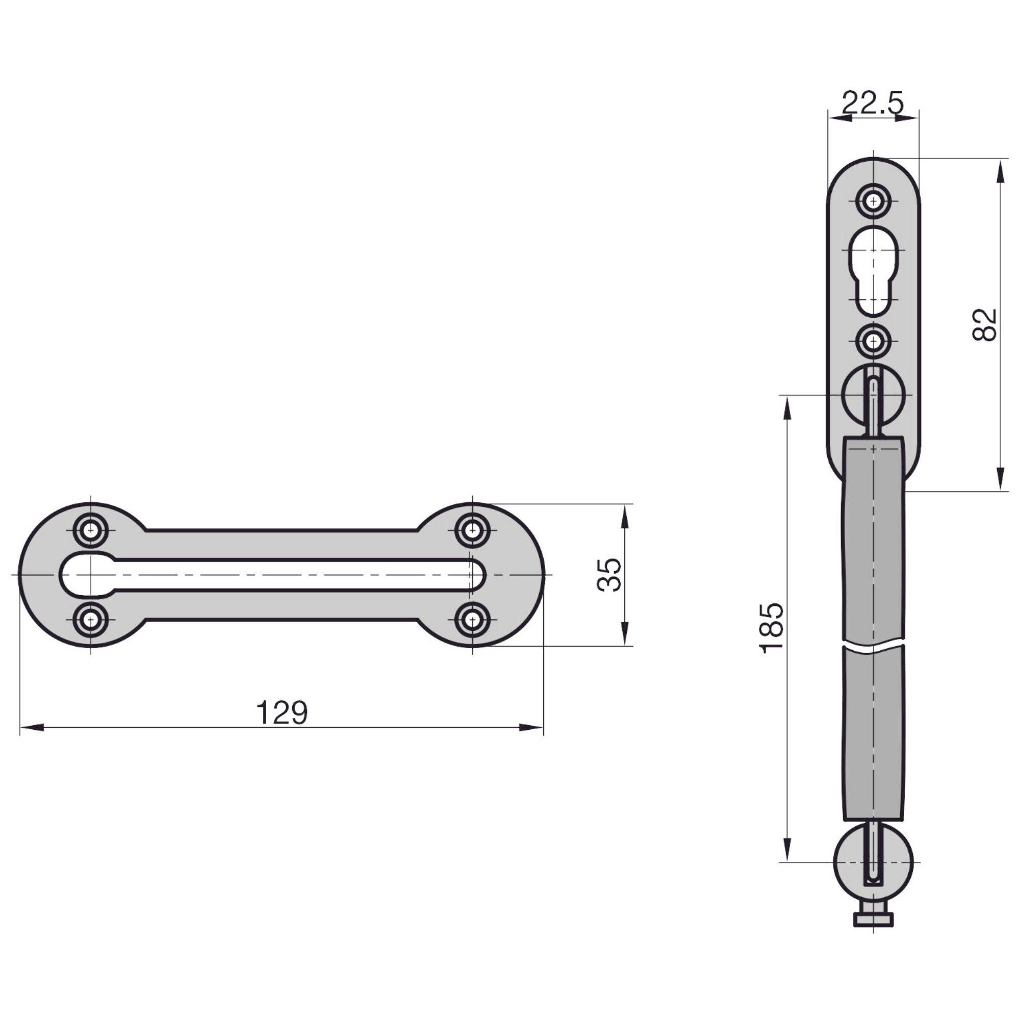 Szkic klamki z określonymi wymiarami: długość 129 mm, rozstaw 35 mm, wysokość całkowita 185 mm, szerokość 22,5 mm, wysokość uchwytu 82 mm.