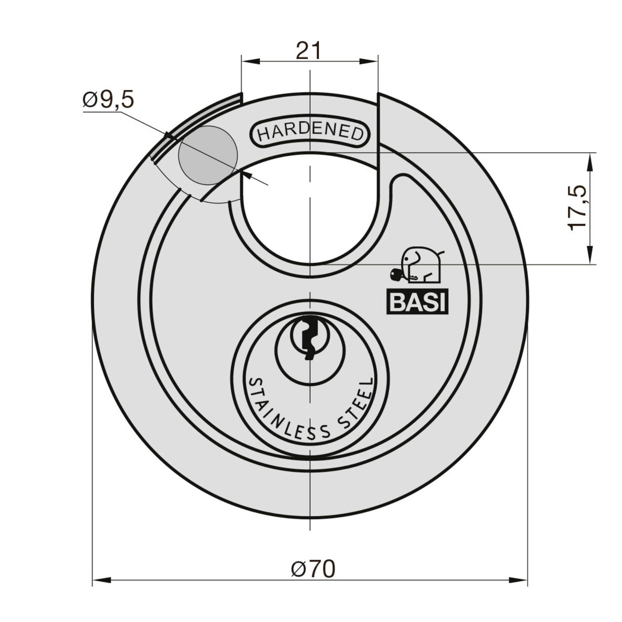 Rysunek kłódki z wymiarami; Średnica: 70 mm, Średnica kabłąka: 9,5 mm, oznaczona napisem "Hardened".
